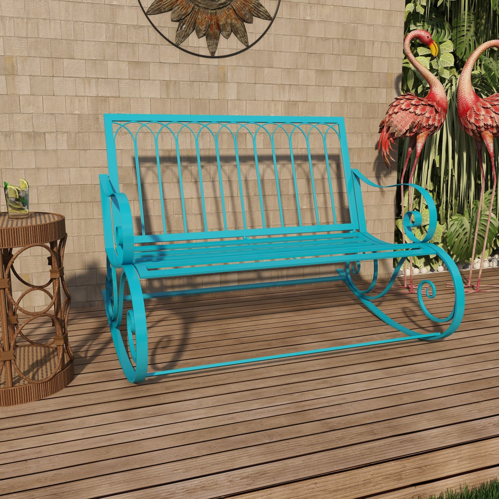 Scroll Teal Metal Rocking Patio Outdoor Bench