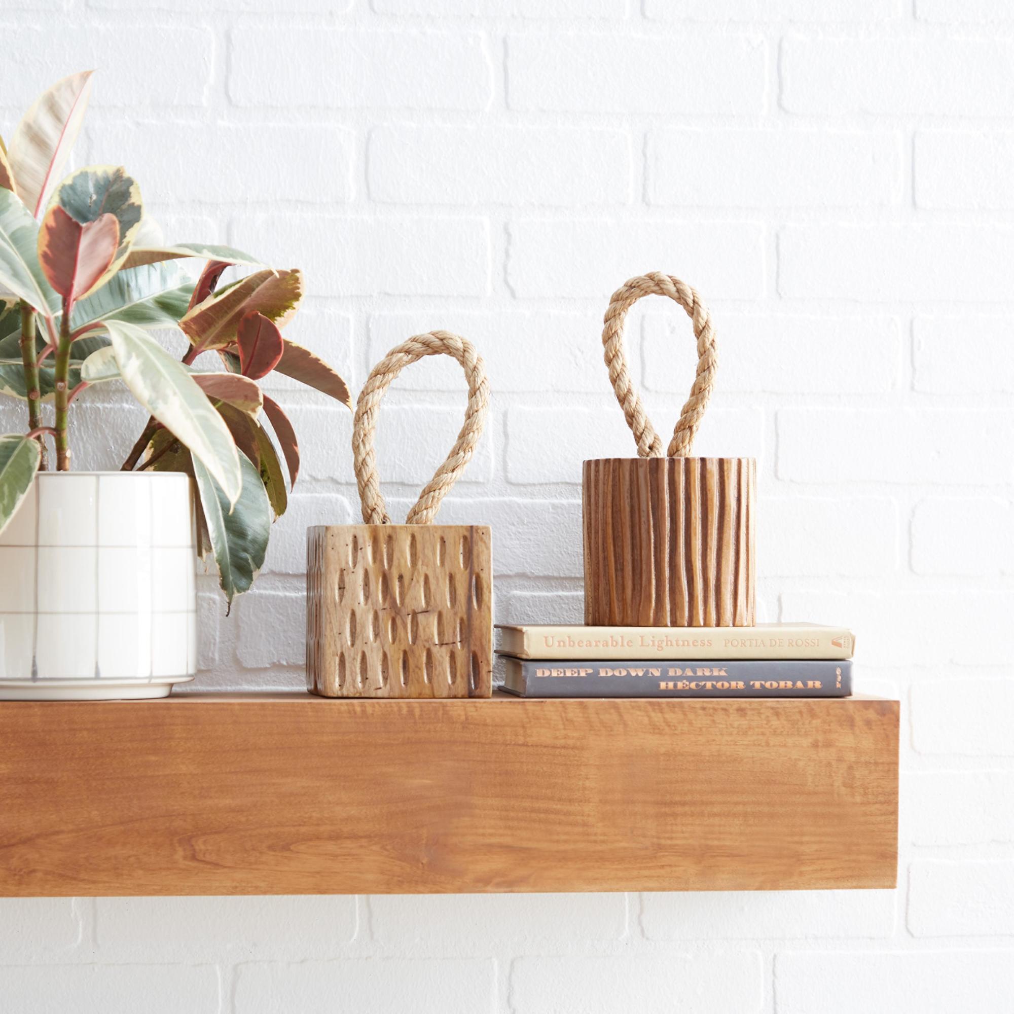 Set of 2 Geometric Brown Teak Wood Handmade Door Stopper Decorative Sculpture with Rope Accent