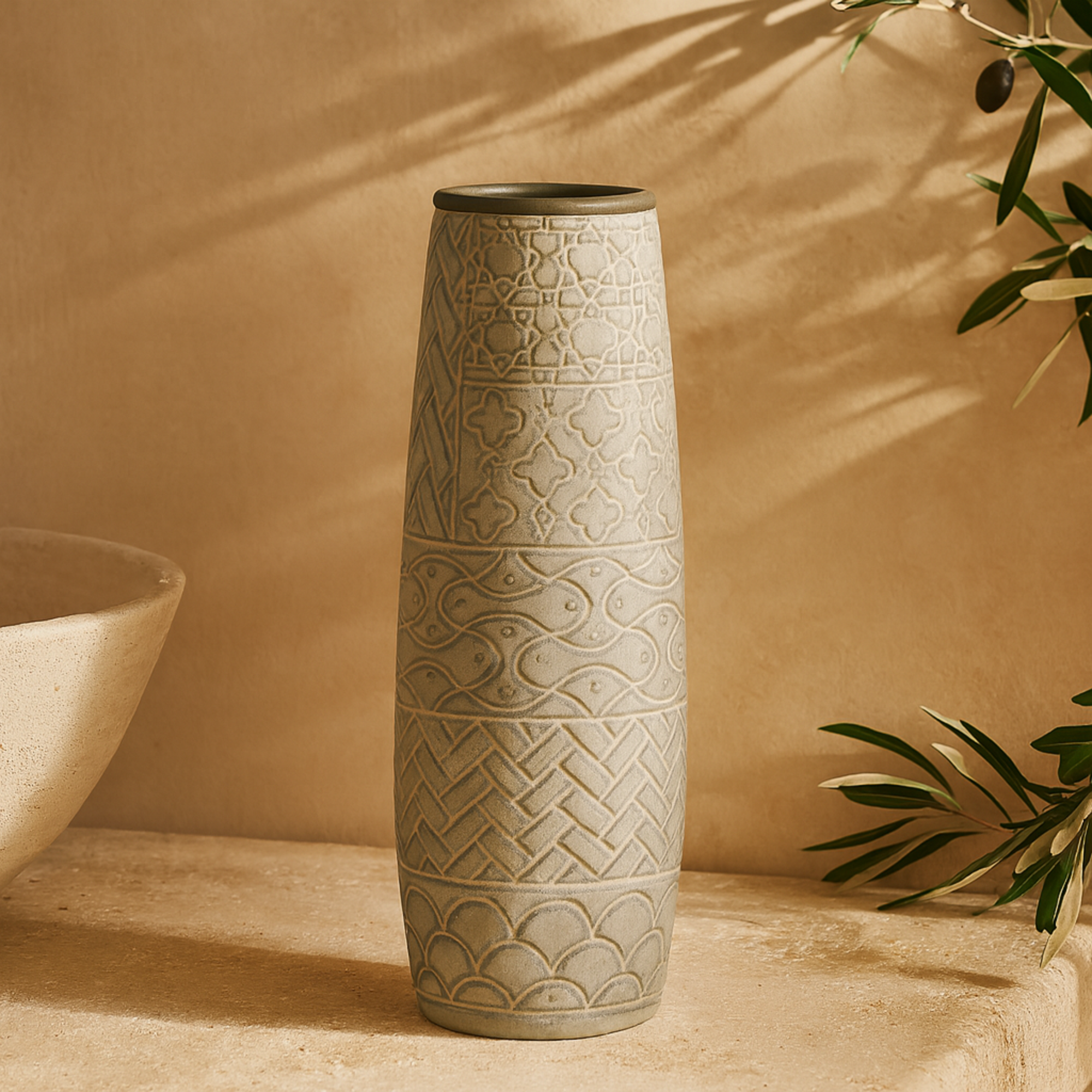 Gray Ceramic Slim Engraved Patterned Decorative Vase with Varying Patterns