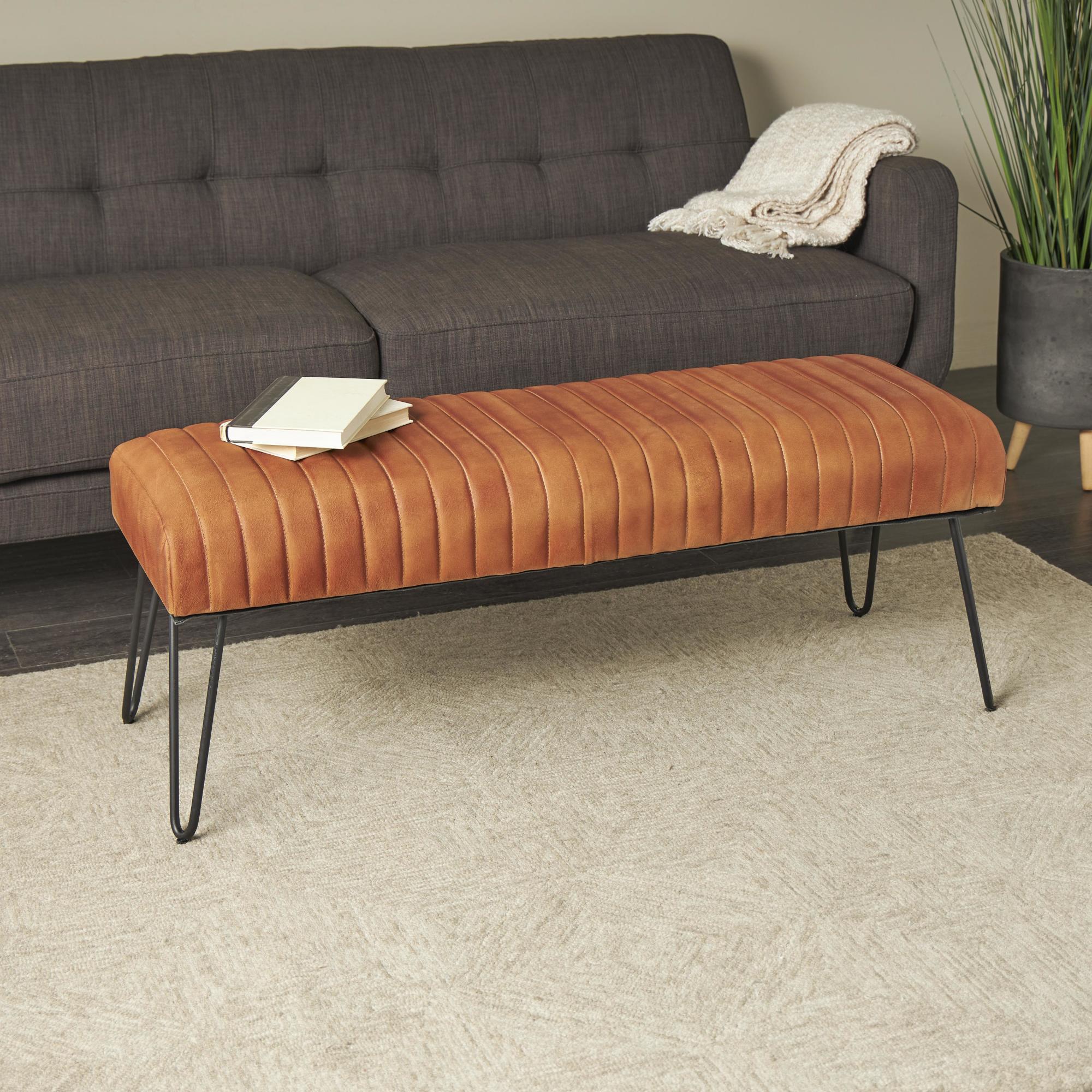 Brown Leather Upholstered Home Bench with Linear Tufted Panels and Black Metal Hairpin Legs