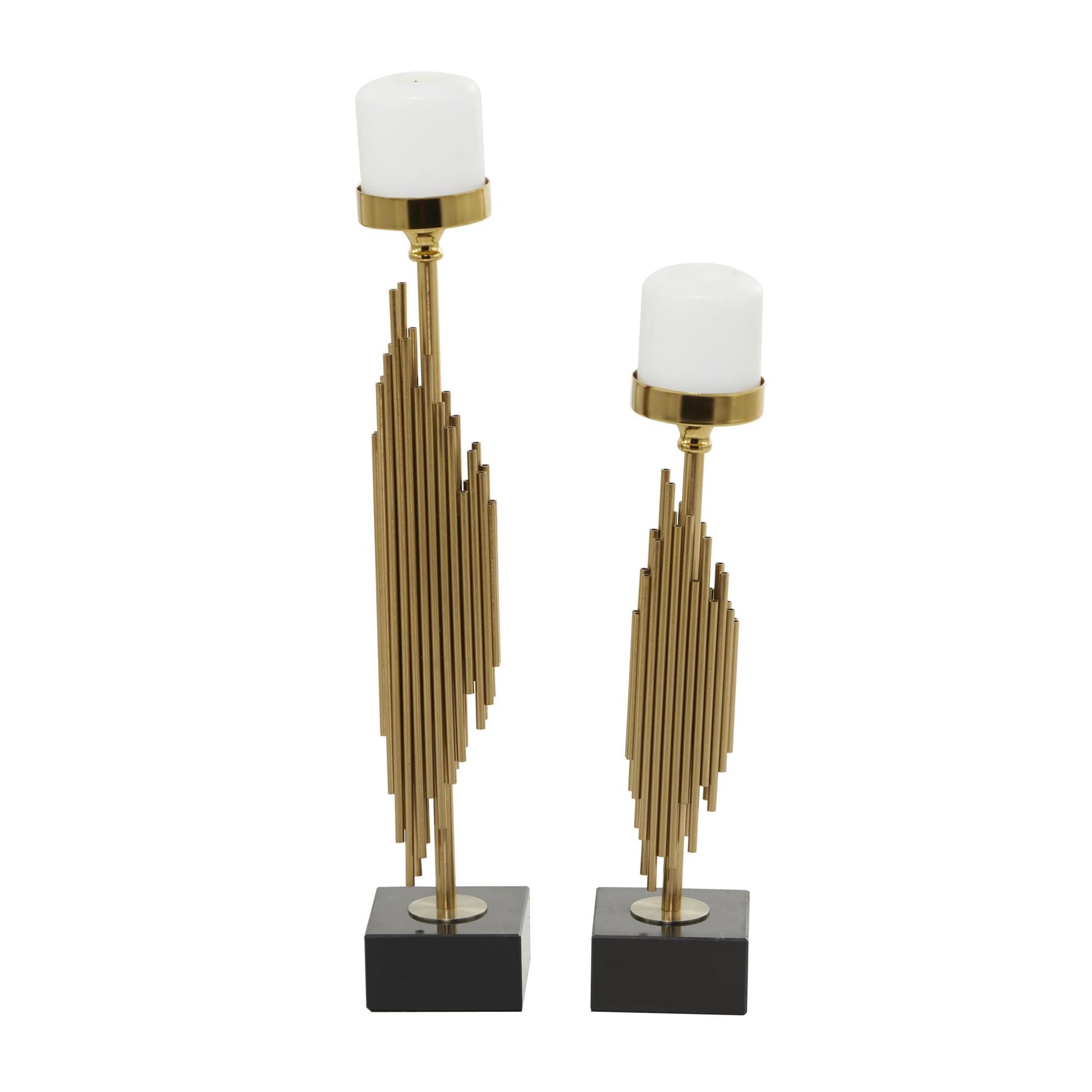 Set of 2 Abstract Gold Stainless Steel Metal Vertical Pipe Decorative Candle Holder with Black Marble Base