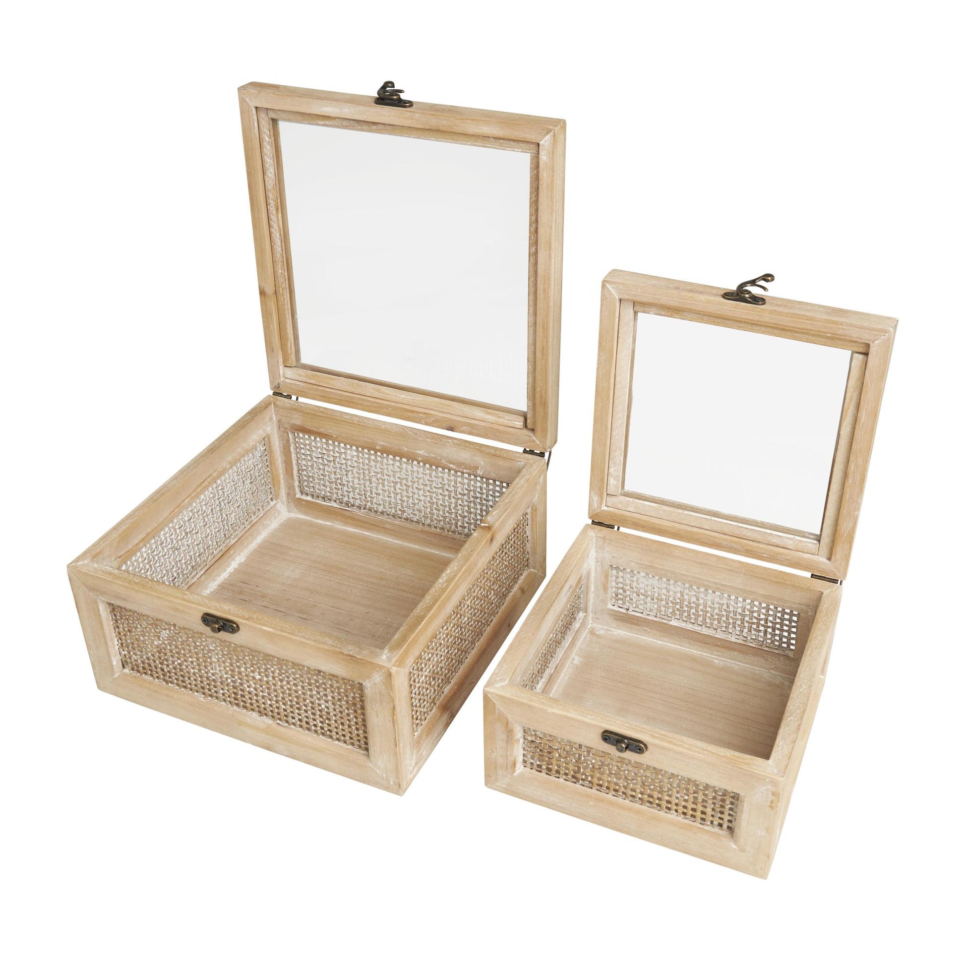 Set of 2 Light Brown Wood Glass Top Decorative Box with Rattan Side Panels and Bronze Hook Closures