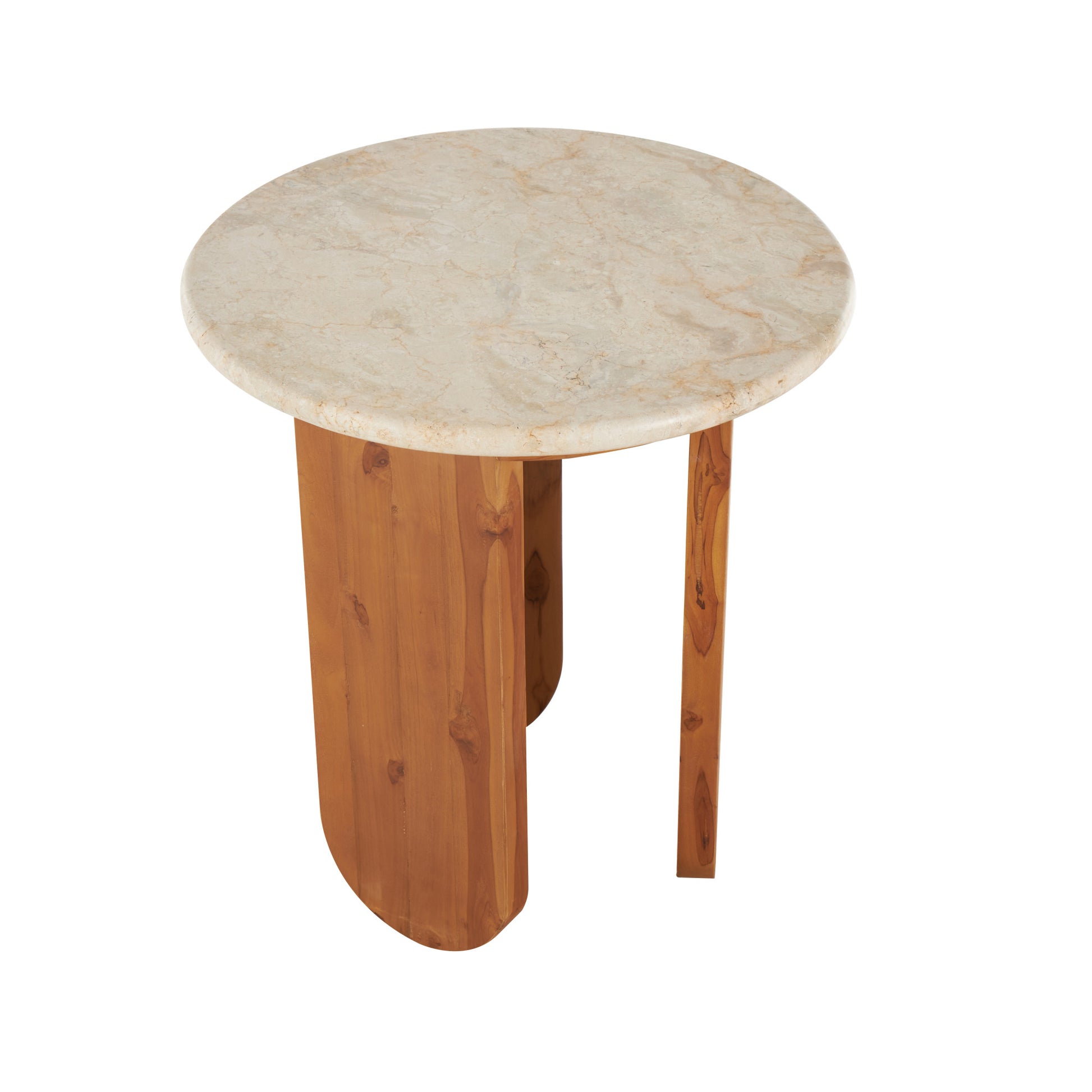 Brown Teak Wood Handmade Side End Accent Table with Beige Marble Tabletop