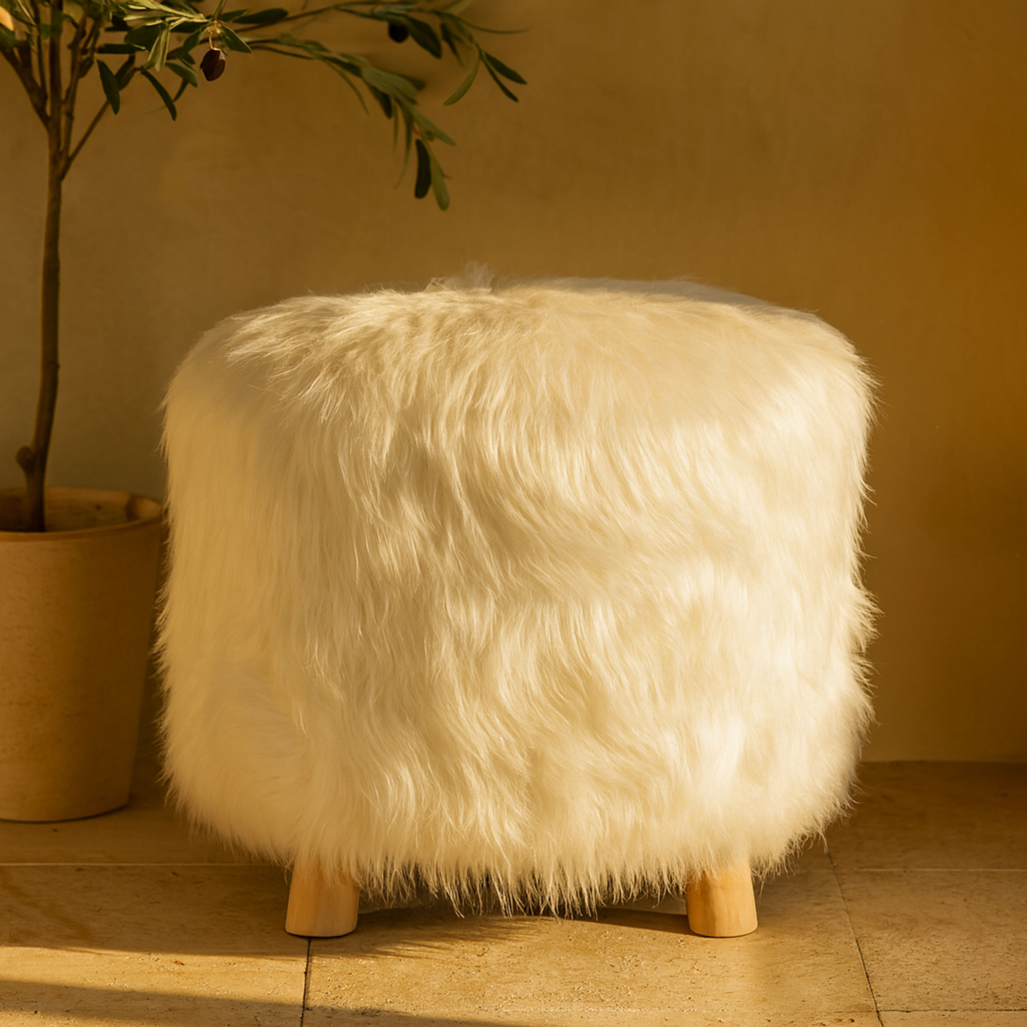 White Polyester Living Room Stool with Faux Fur
