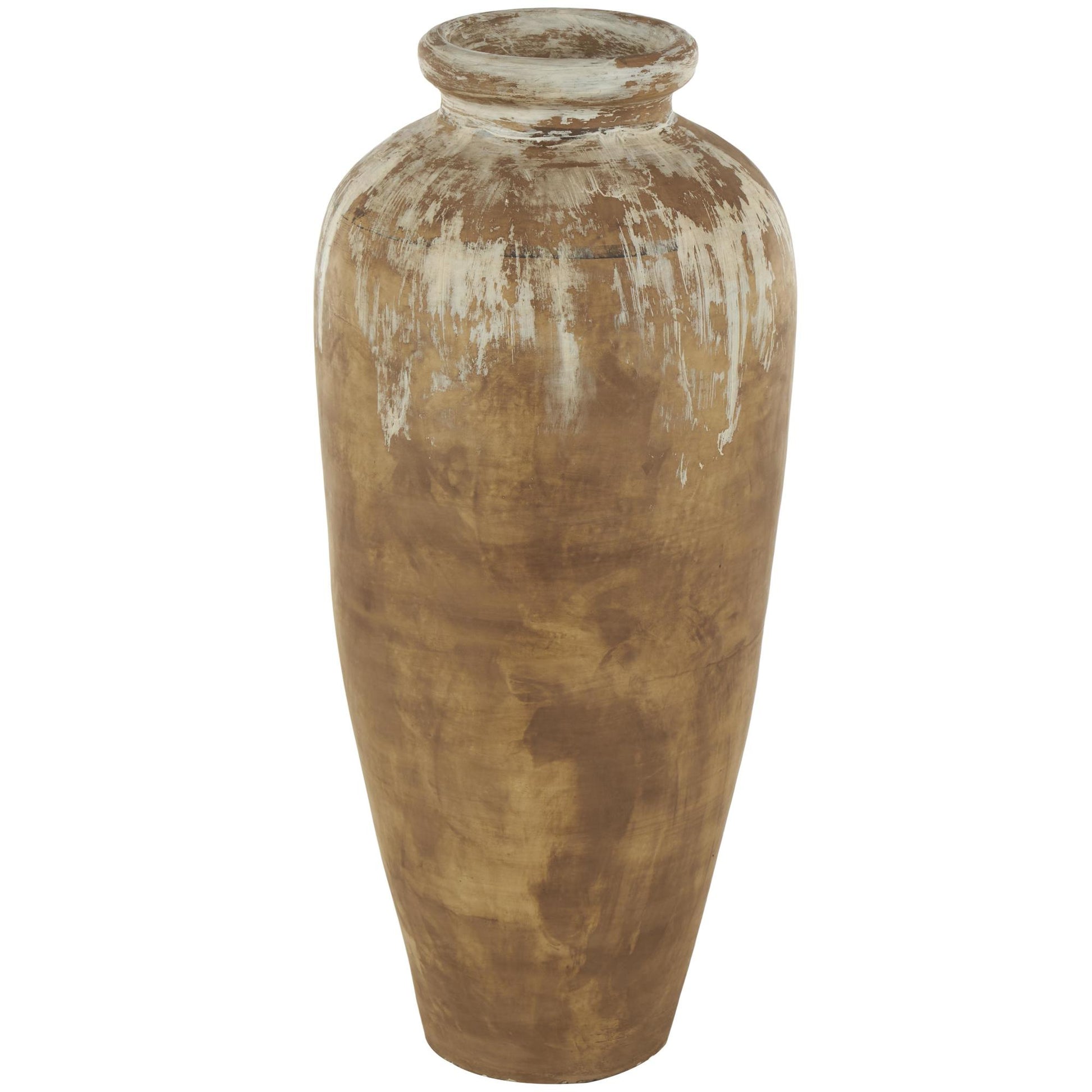 Brown Ceramic Antique Style Distressed Patina Decorative Vase with Beige Accents