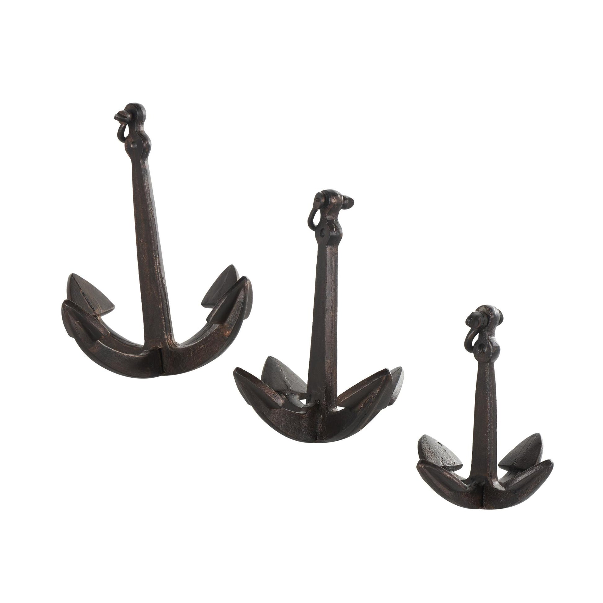 Set of 3 Anchor Copper Aluminum Metal Weathered Decorative Sculpture with Hanging Hook