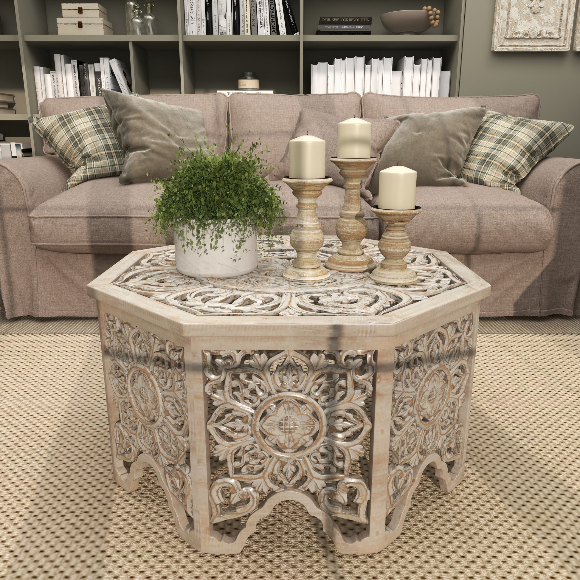 Floral Light Gray Wooden Handmade Intricately Carved Living Room Coffee Table with Hollow Interior