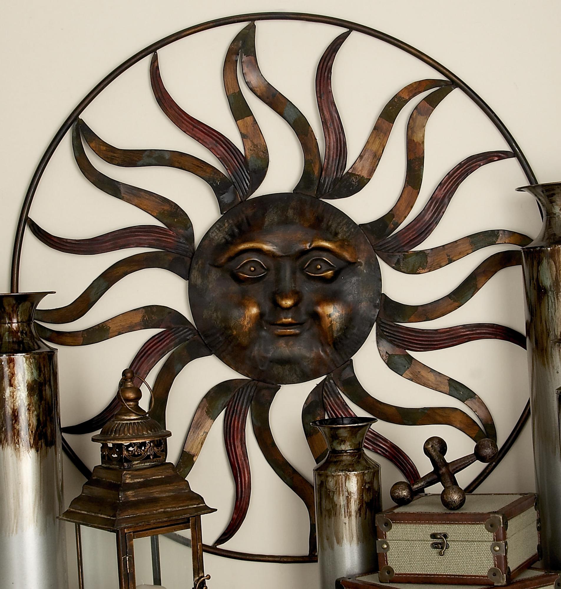 Sun Brown Metal Indoor Outdoor Home Wall Decor with Colorful Painted Accents