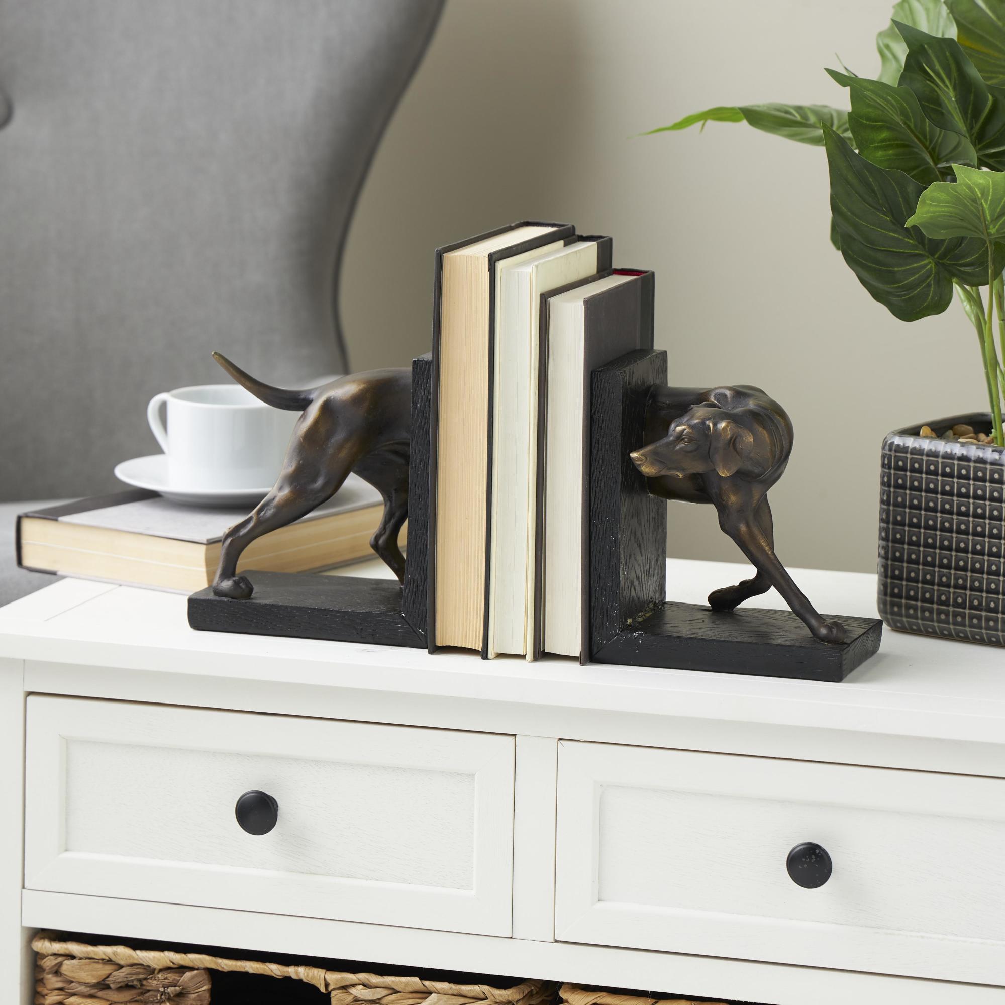 Set of 2 Dog Black Polystone Greyhound Decorative Bookends with Gold Accents and Black Stands