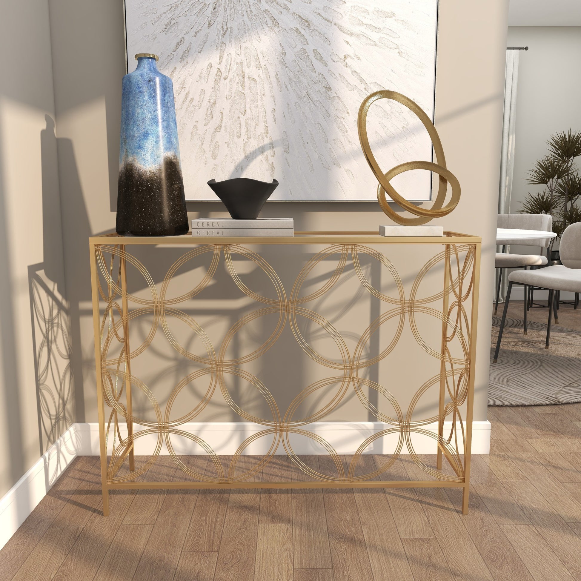 Geometric Gold Metal Open Style Quatrefoil Frame Living Room Console Table with Glass Top