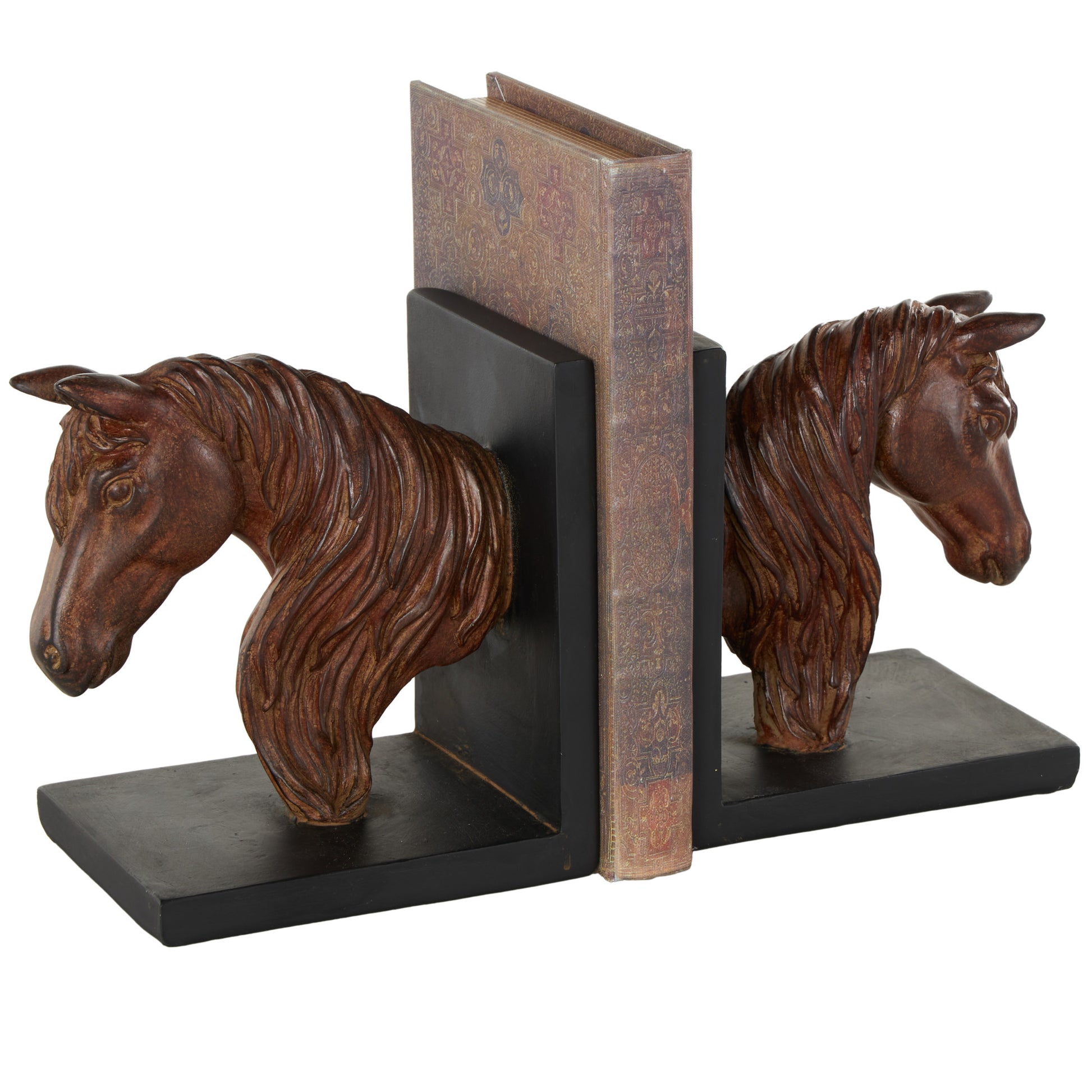 Set of 2 Horse Copper Polyresin Head Decorative Bookends with Black Stands