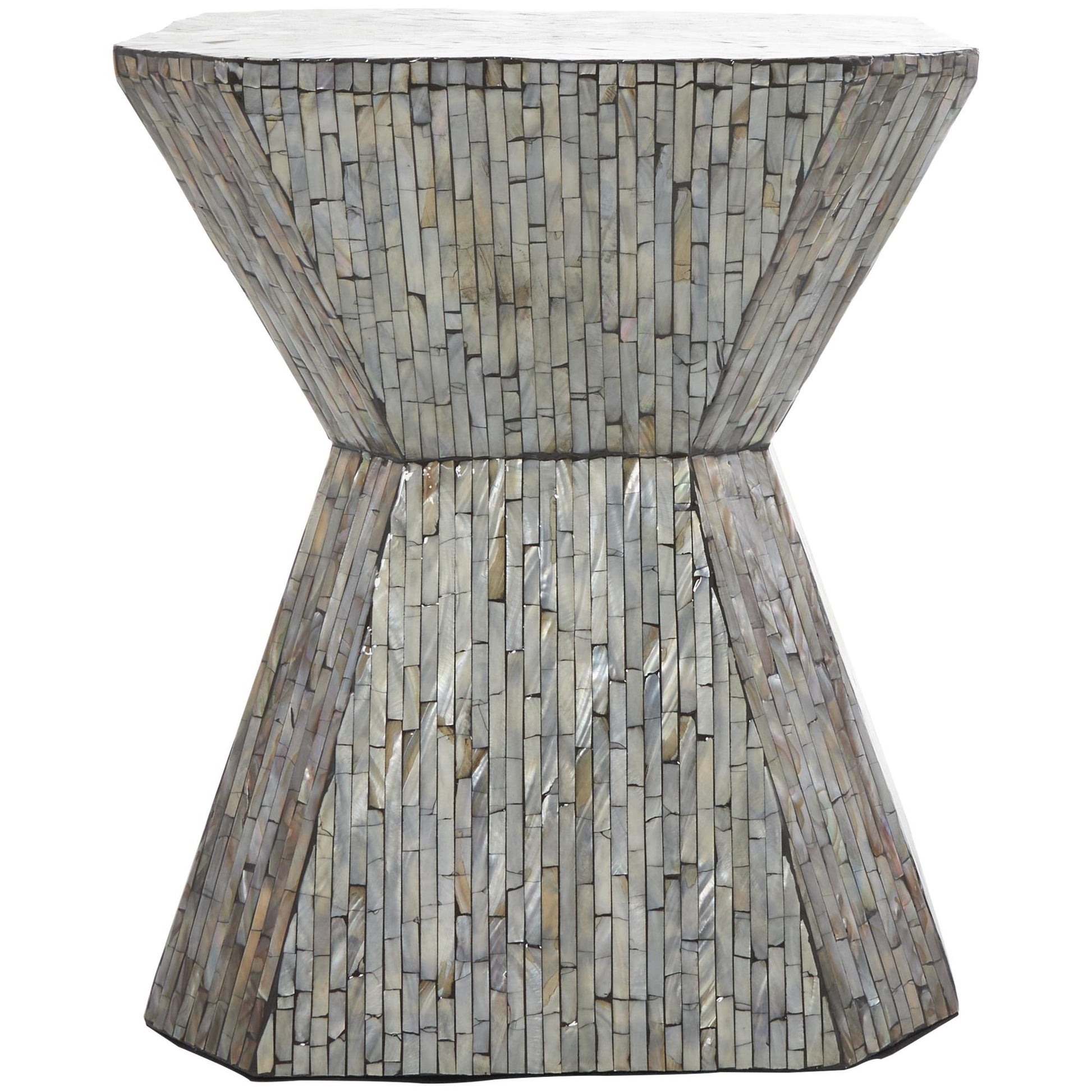 Geometric Gray Mother of Pearl Shell Handmade Hourglass Side End Accent Table with Linear Mosaic Pattern