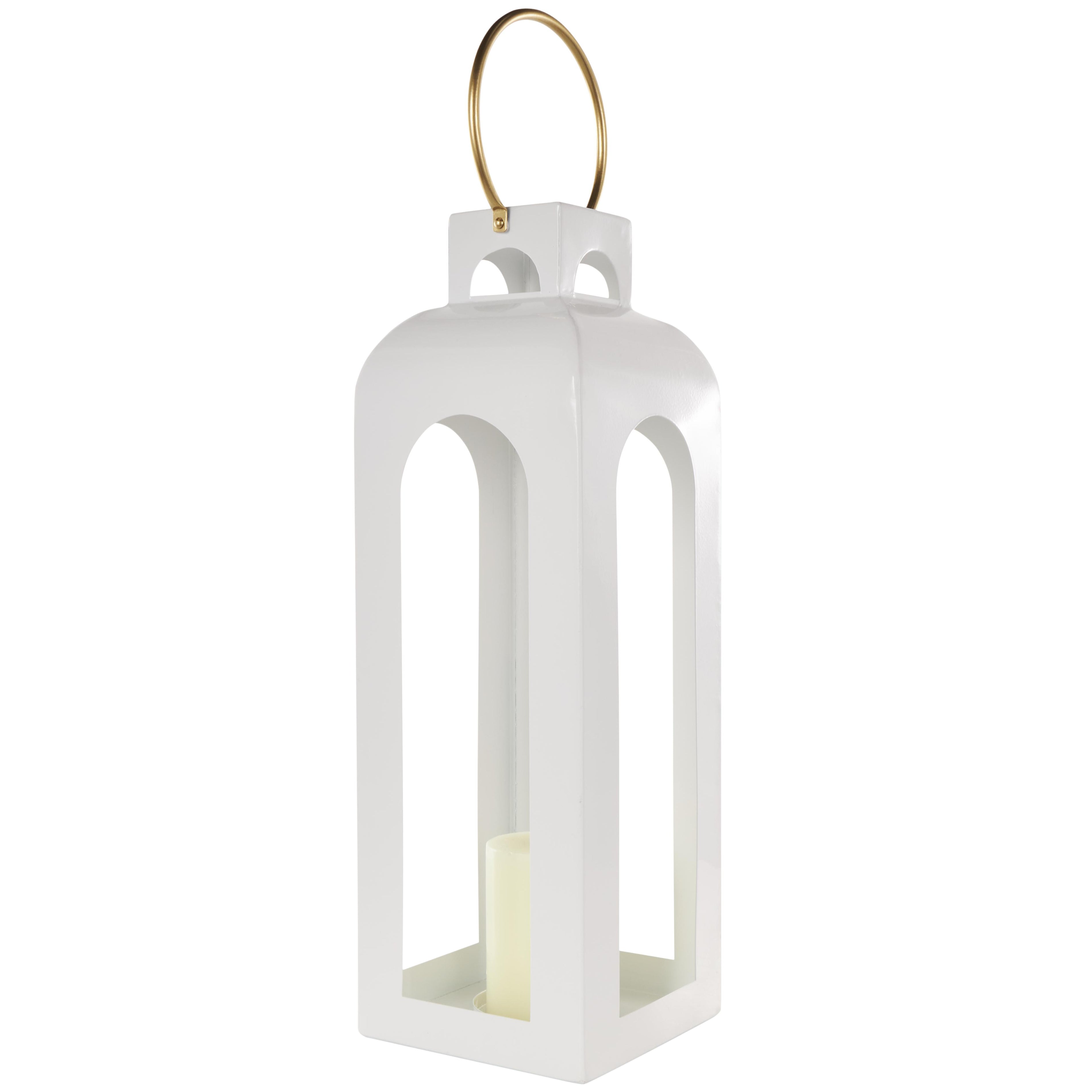 White Metal Tall Arched Cutout Indoor Outdoor Candle Lantern with Gold Handle