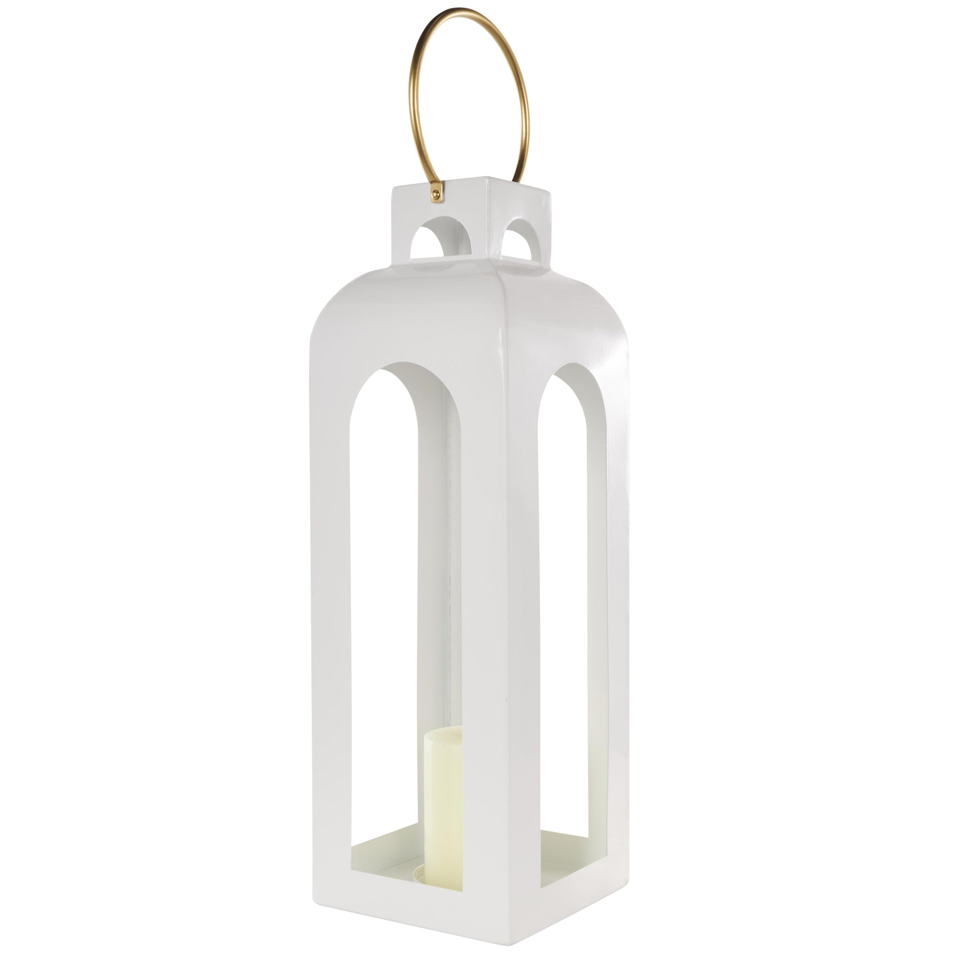 White Metal Tall Arched Cutout Indoor Outdoor Candle Lantern with Gold Handle