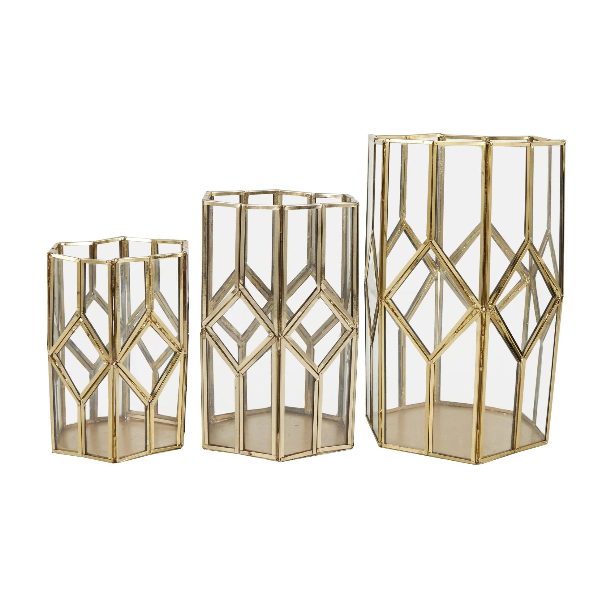 CosmoLiving by Cosmopolitan Set of 3 Geometric Gold Metal Diamond Patterned Hexagon Indoor Outdoor Candle Lantern with Clear Glass