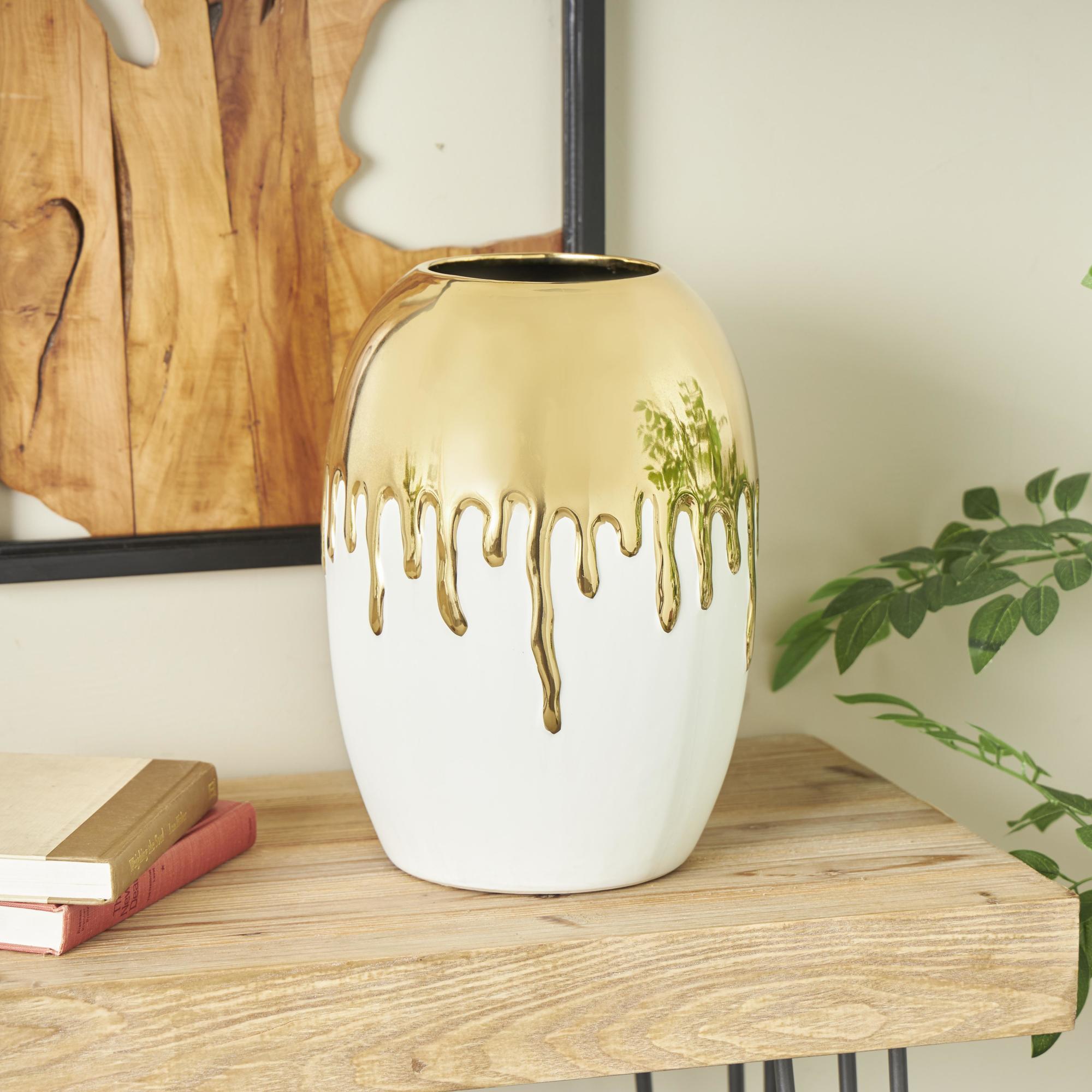 CosmoLiving by Cosmopolitan Abstract Ceramic Decorative Vase with Abstract Gold Melting Drips