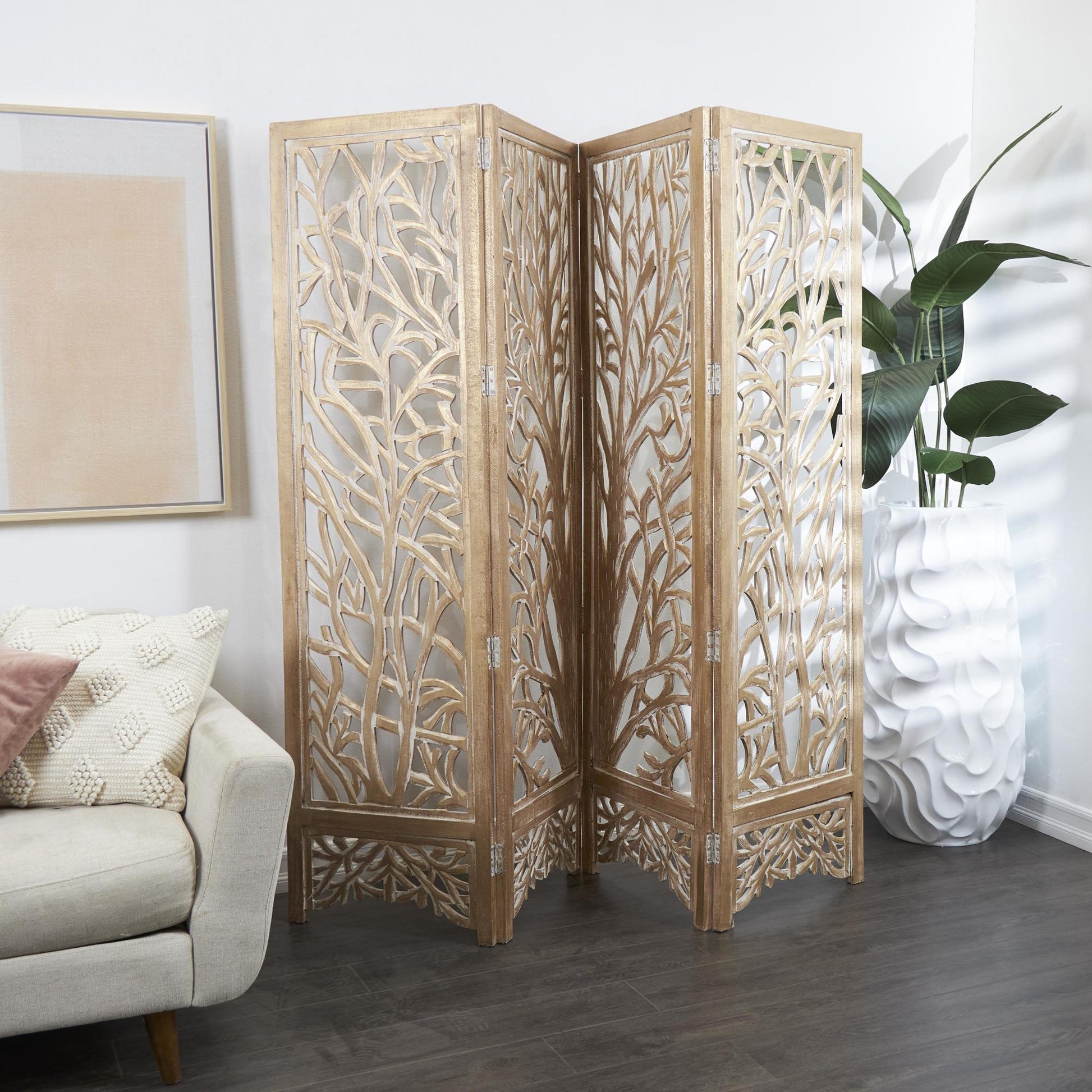 Tree Gold Wooden Hinged Foldable Partition 4 Panel Partition Room Divider Screen with Carved Designs