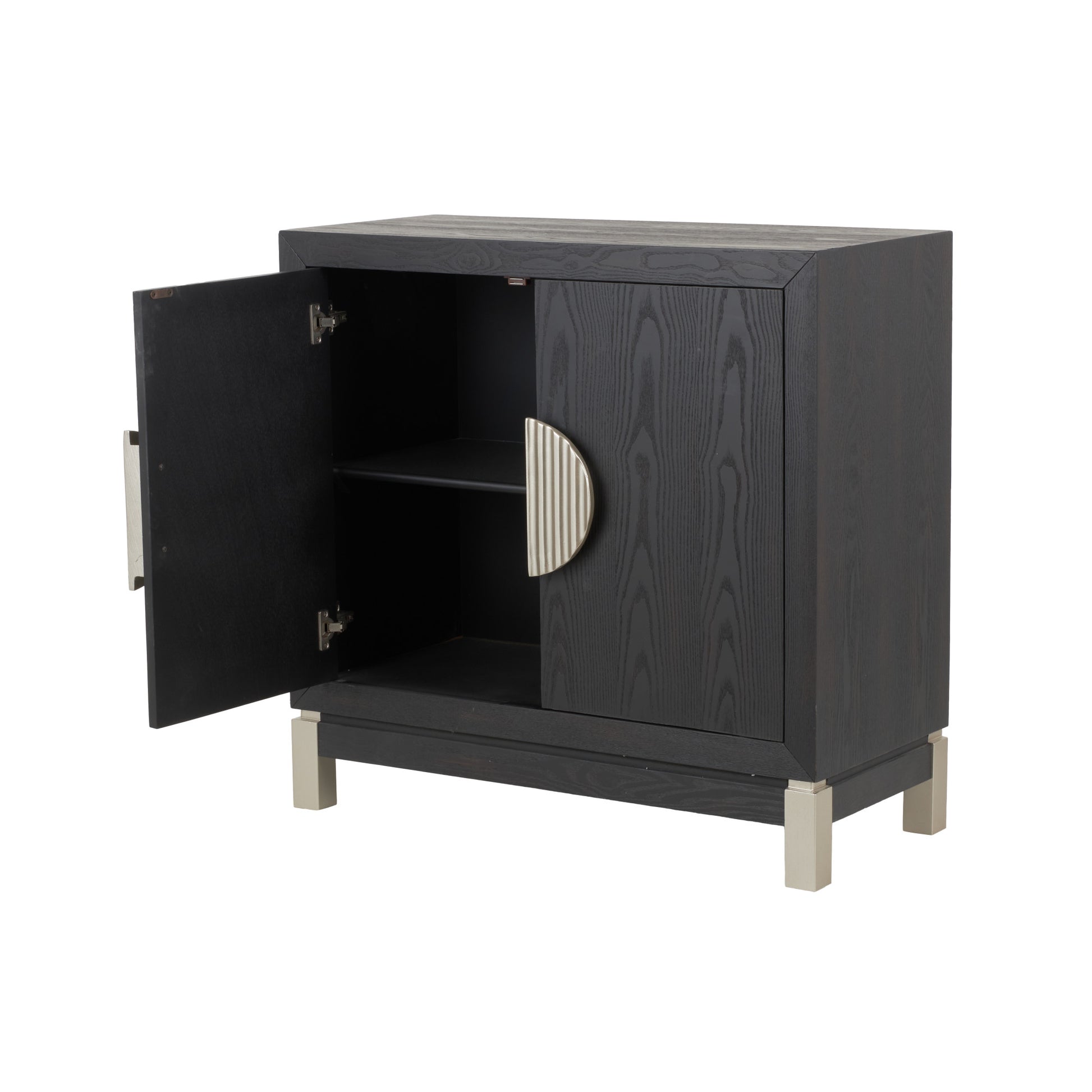 Geometric Black Wooden 2 Door Room Cabinet with Gold Textured Half-Moon Handles and Red Accents