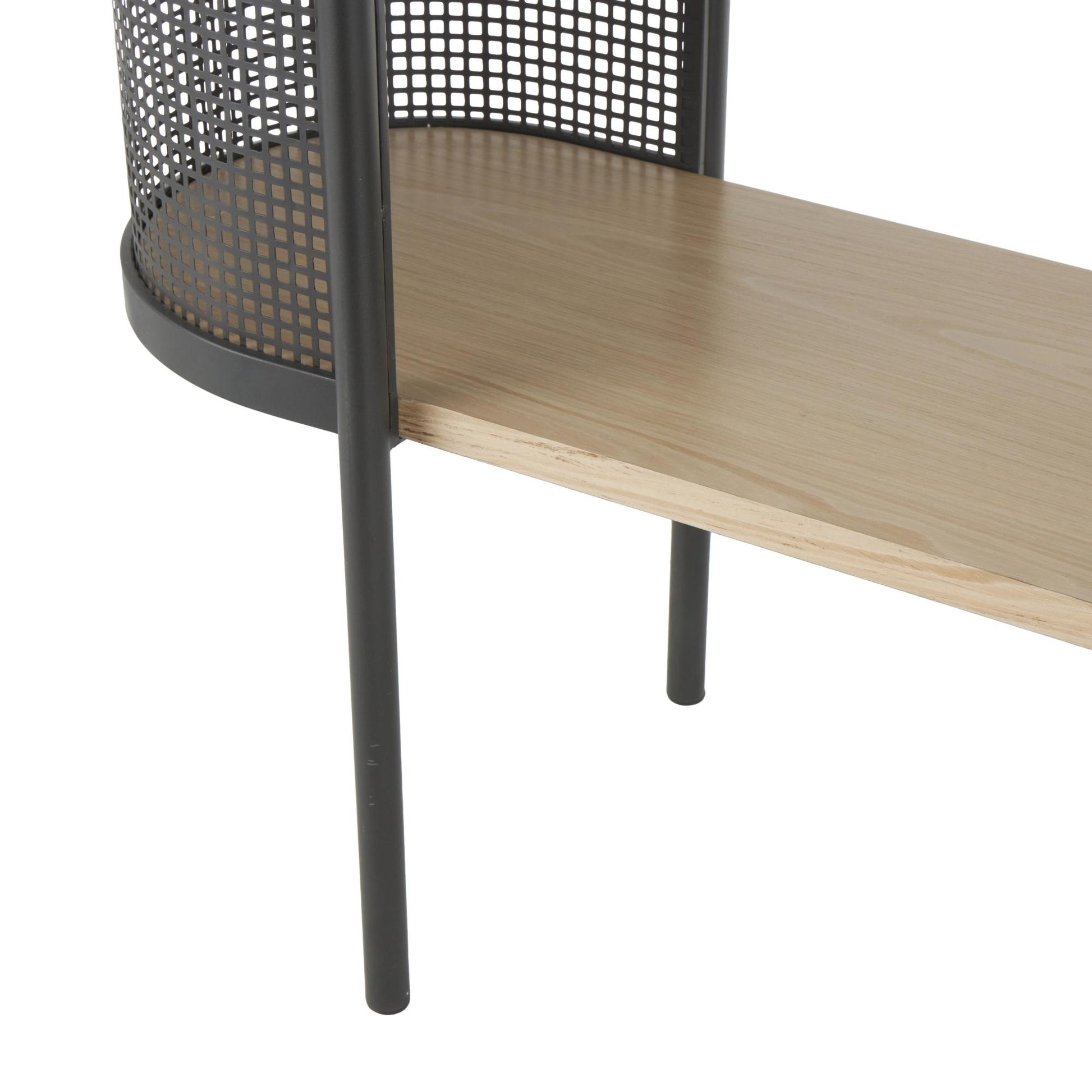 Light Brown Wooden Oval Two-Toned Living Room Console Table with Mesh Side Panels and Brown Wood Tabletop
