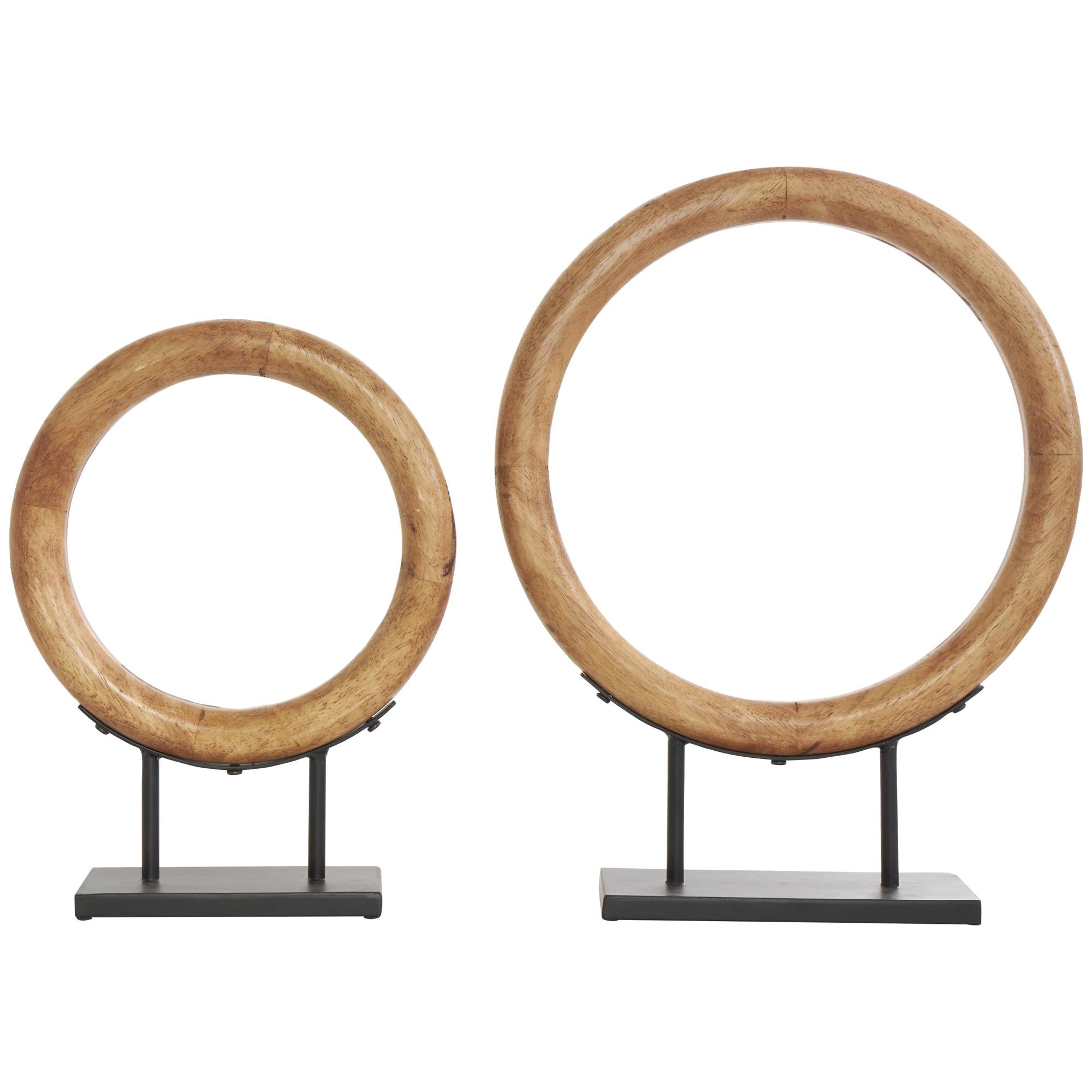 Set of 2 Geometric Brown Wood Circular Ring Decorative Sculpture with Black Metal Stands