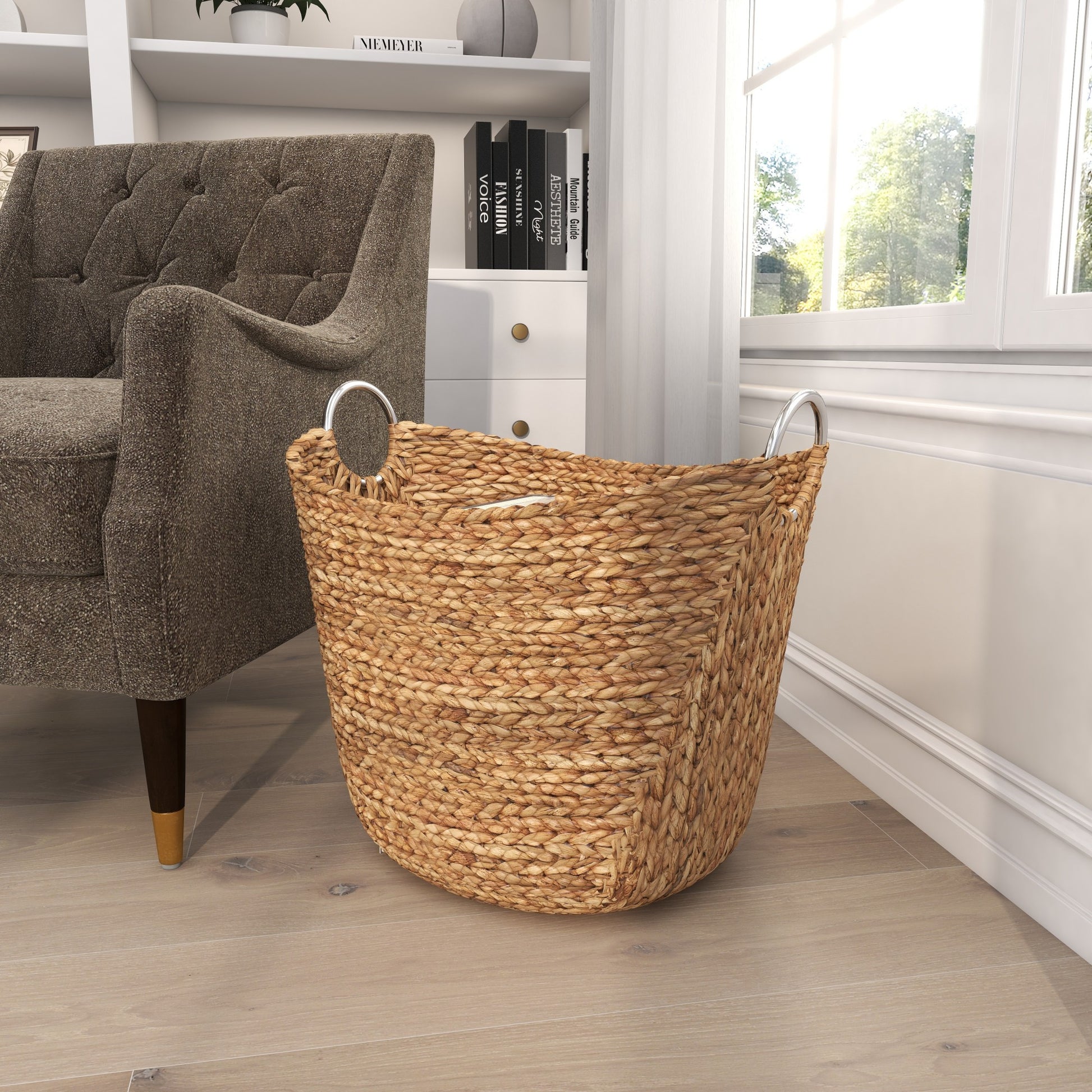 Brown Seagrass Handmade Large Woven Decorative and Functional Storage Basket with Ring Metal Handles