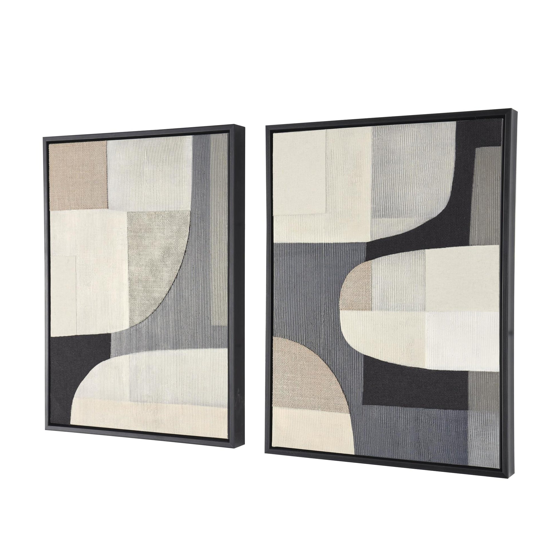 Set of 2 Geometric Blue Wooden Mixed Media Living Room Framed Wall Art with Overlapping Shapes and Black Frames