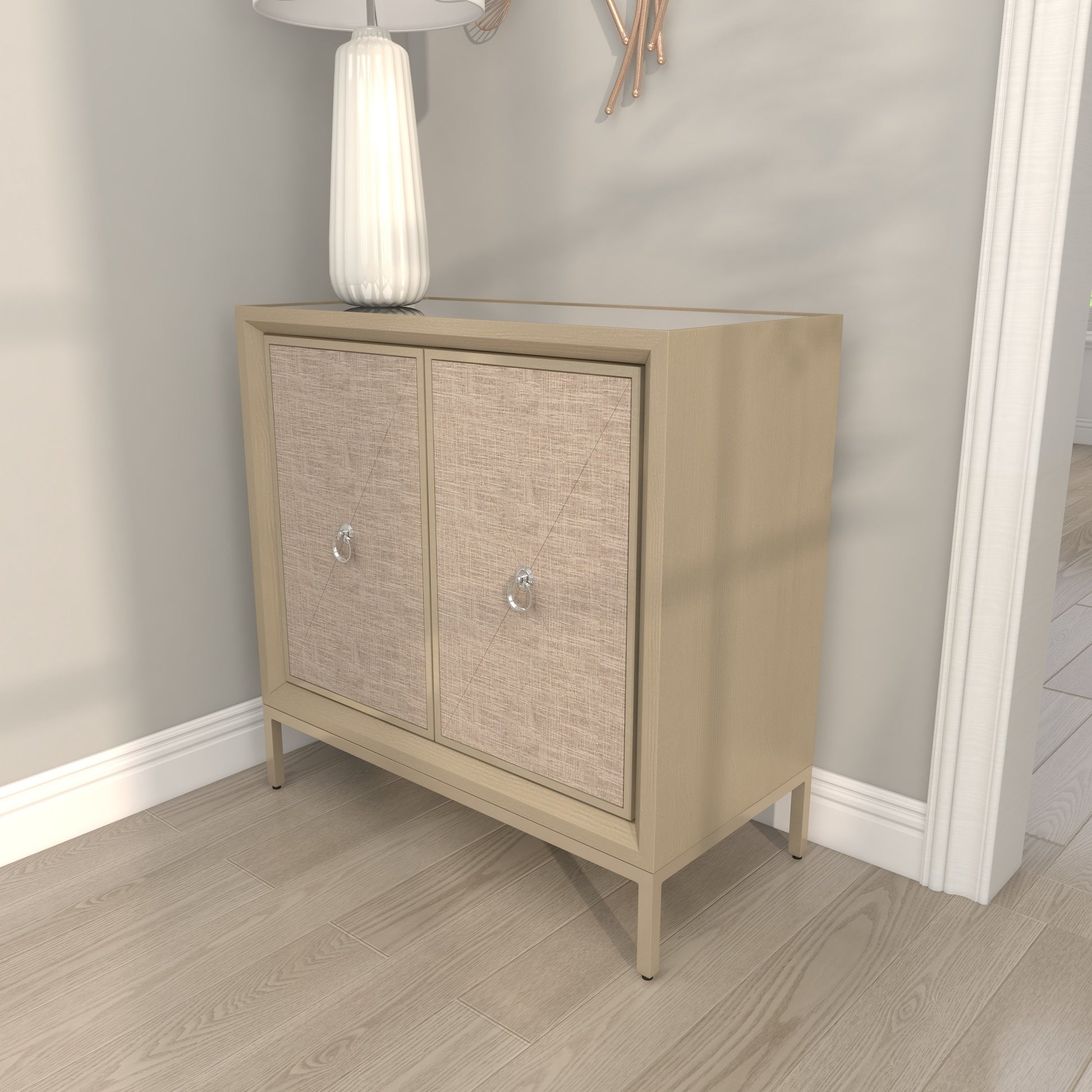 Beige Wooden Upholstered Front Panel 2 Door Room Cabinet with Mirrored Top and Ring Handles