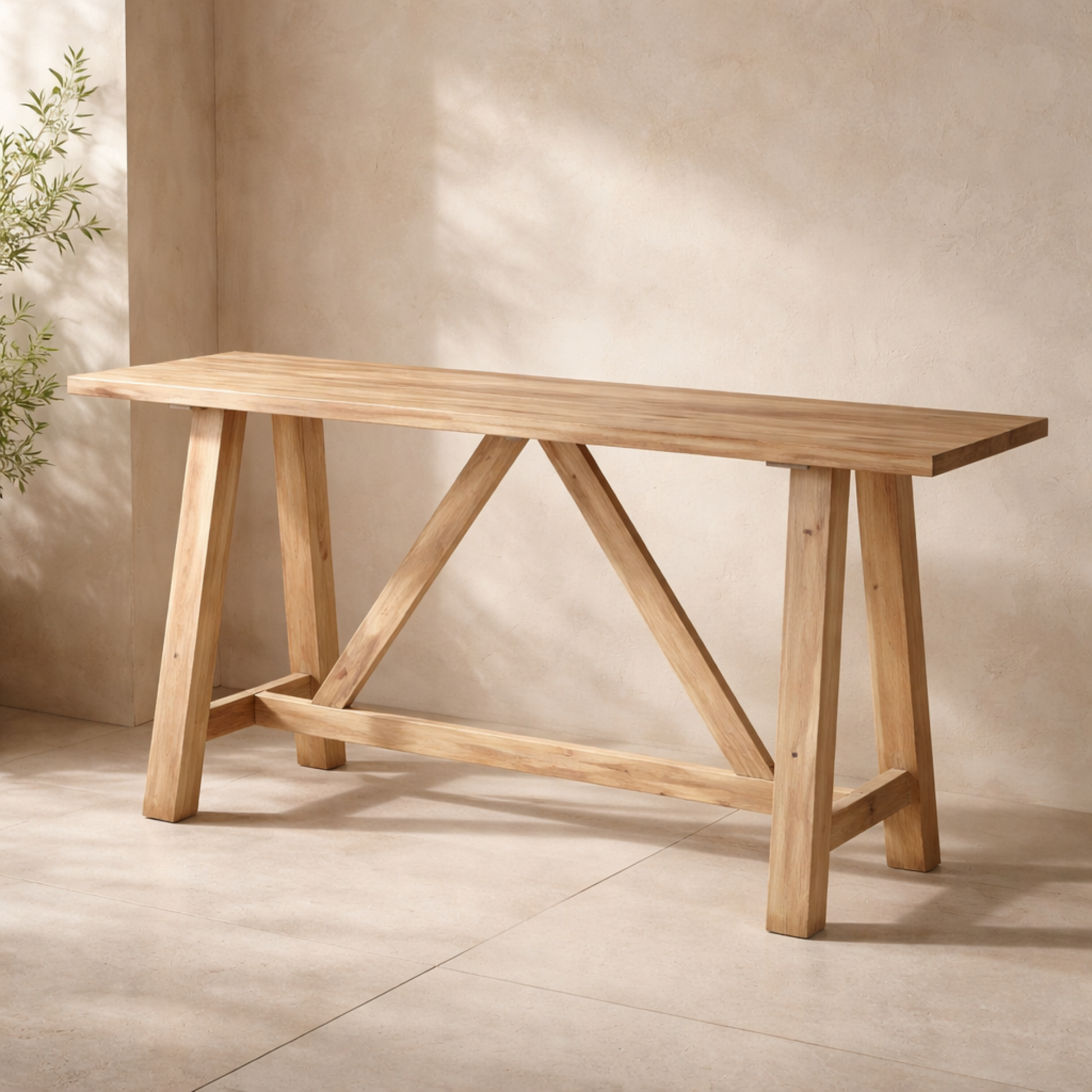 Light Brown Wood Rectangular Living Room Console Table with Flared Legs and Crossed Beams