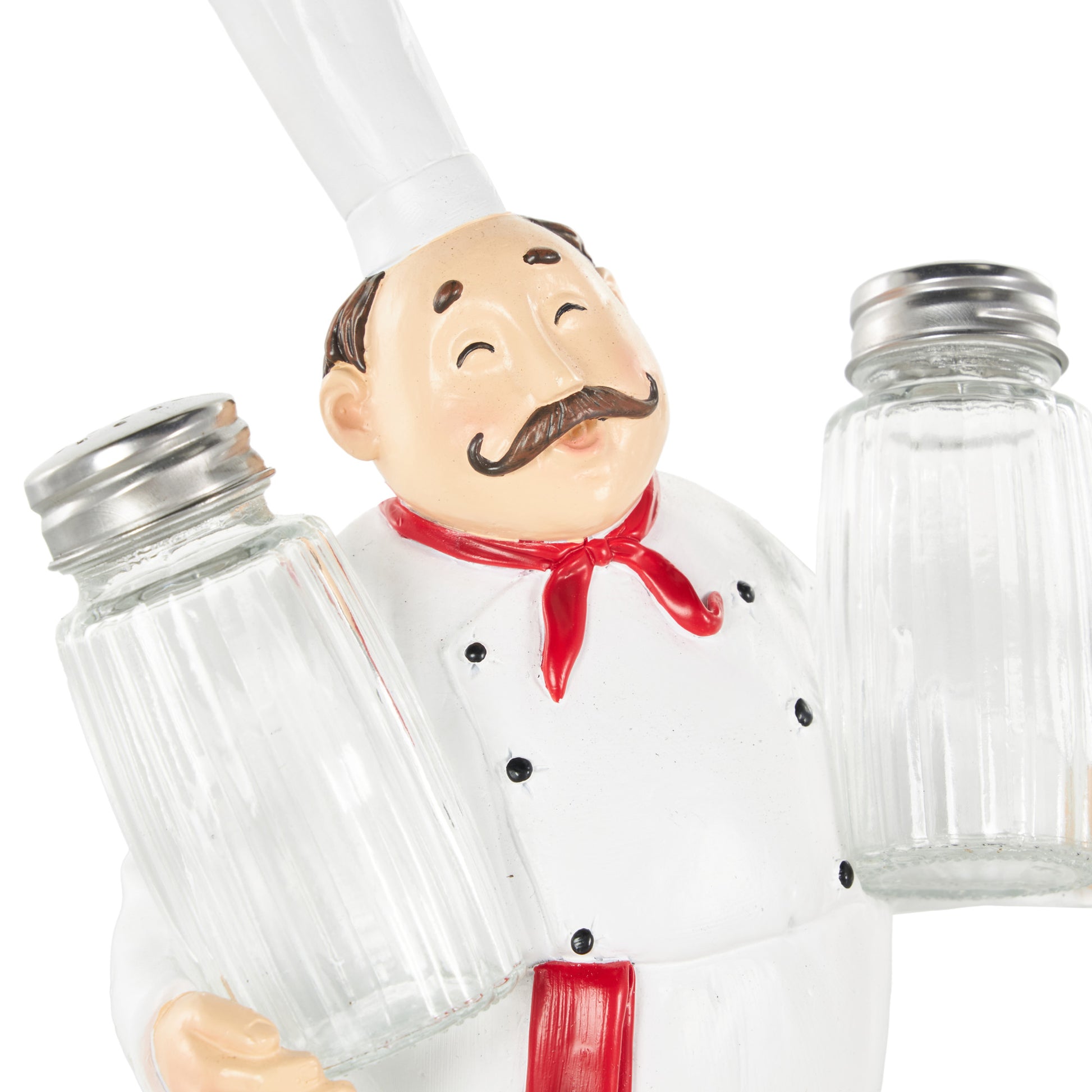 Chef White Polystone Kitchen Decorative Figurine Decorative Salt and Pepper Shaker Holder with Red Accents