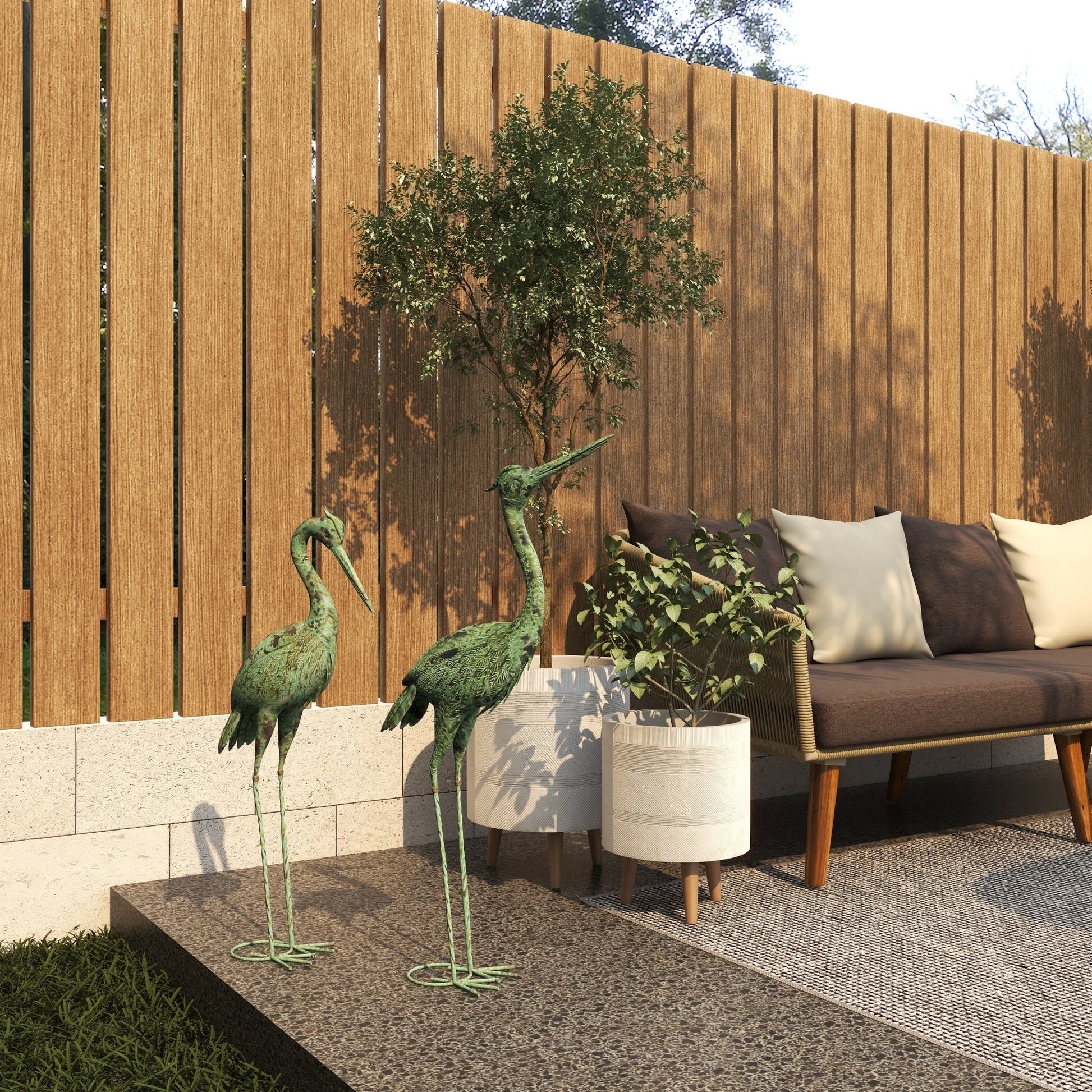 Set of 2 Crane Green Metal Indoor Outdoor Decorative Garden Sculpture with Coiled U Shaped Feet