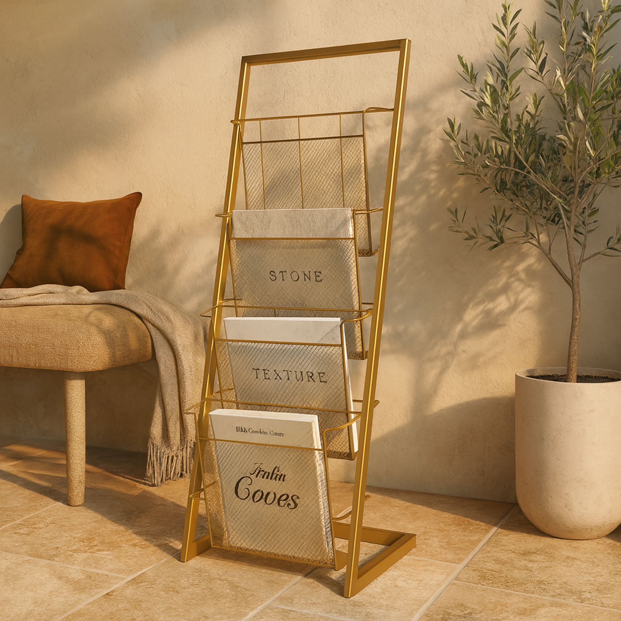 Gold Metal 4 Slot Decorative Magazine Holder with Tall Stand