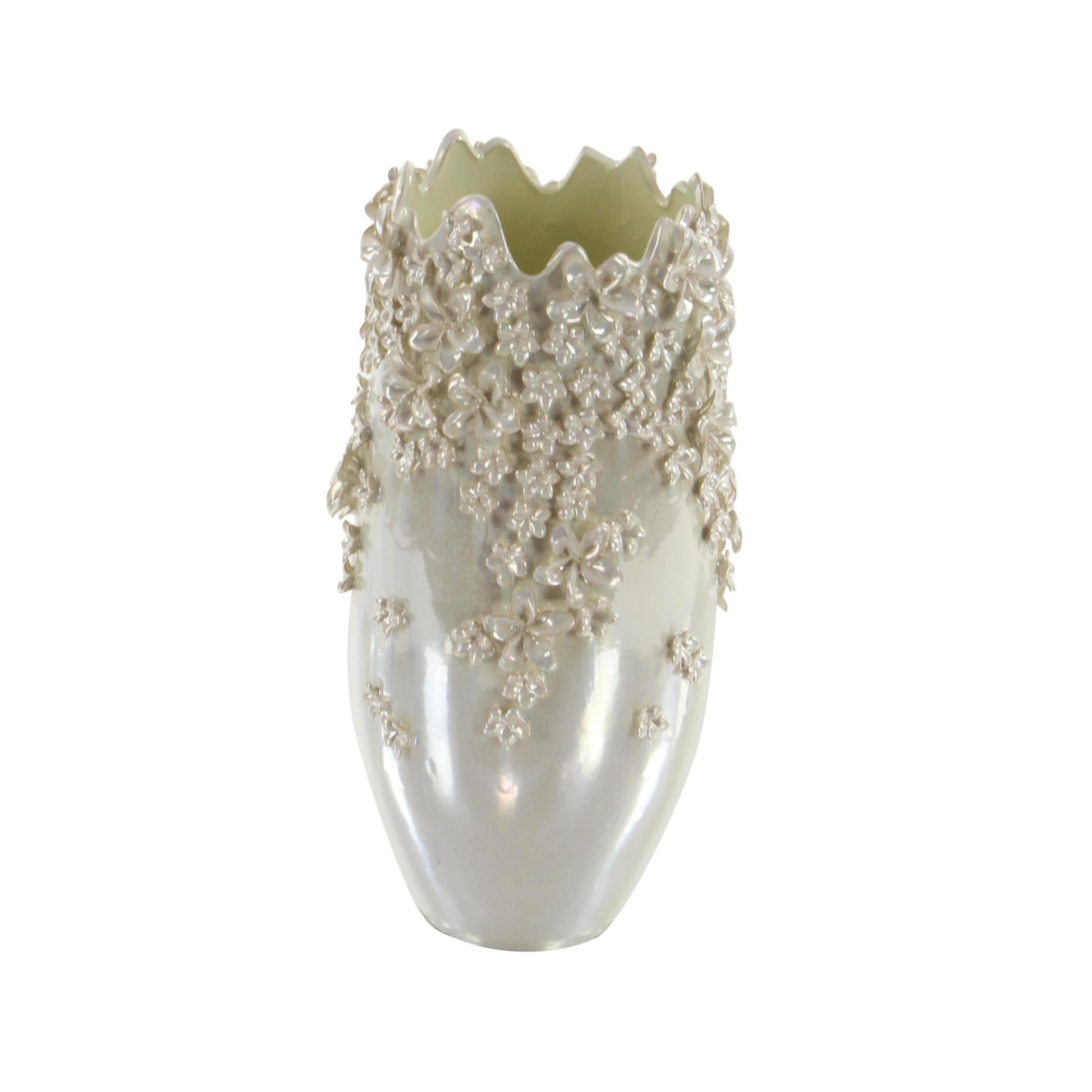 Floral Cream Ceramic 3D Decorative Vase with Iridescent Glaze