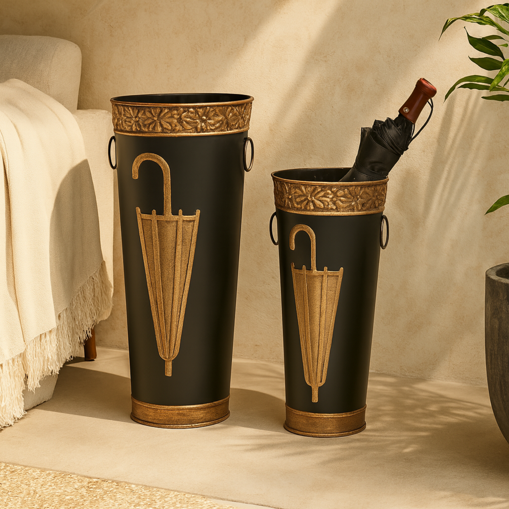 Set of 2 Metal Decorative Umbrella Stand with Umbrella Image and Handles