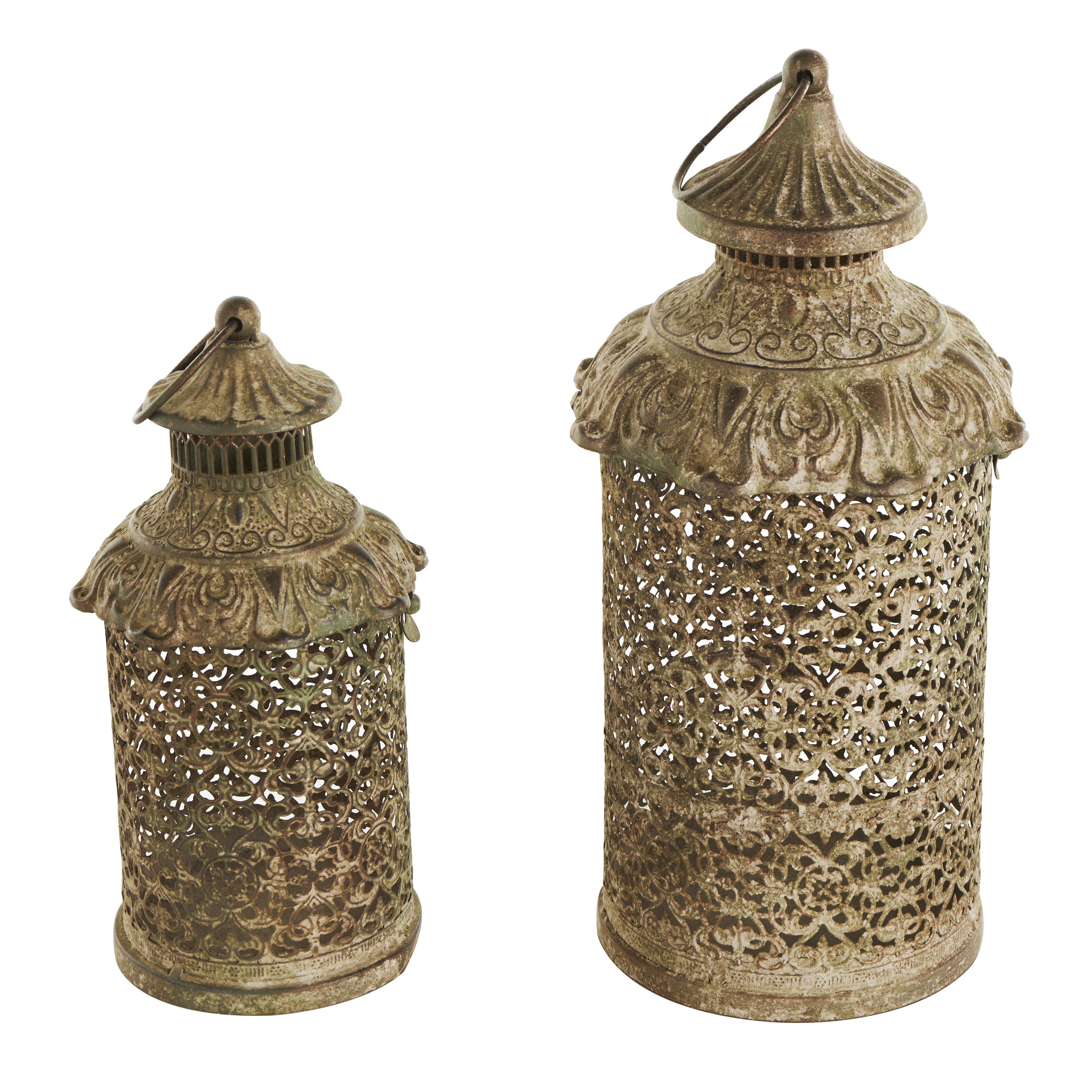 Set of 2 Scroll Brown Metal Distressed Vintage Inspired Ornate Indoor Outdoor Candle Lantern