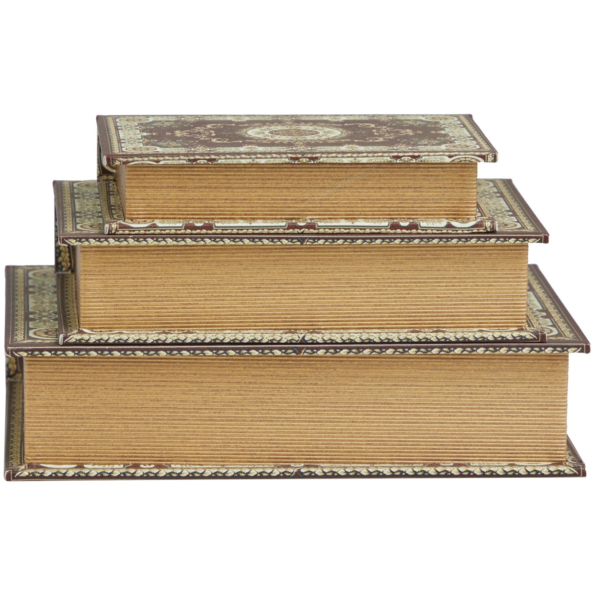 Set of 3 Scroll Red Canvas Faux Book Storage Decorative Box with Cream Floral Arabesque Patterns