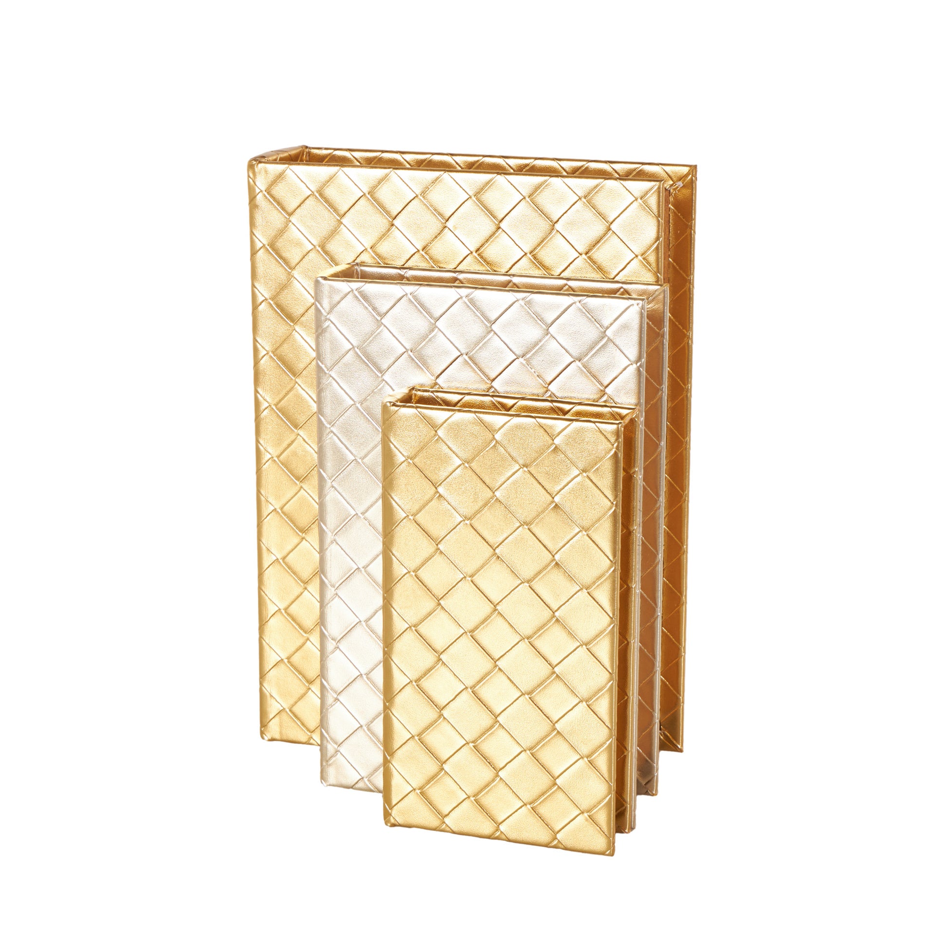 Set of 3 Geometric Gold Faux Leather Metallic Textured Diamond Faux Book Storage Decorative Box