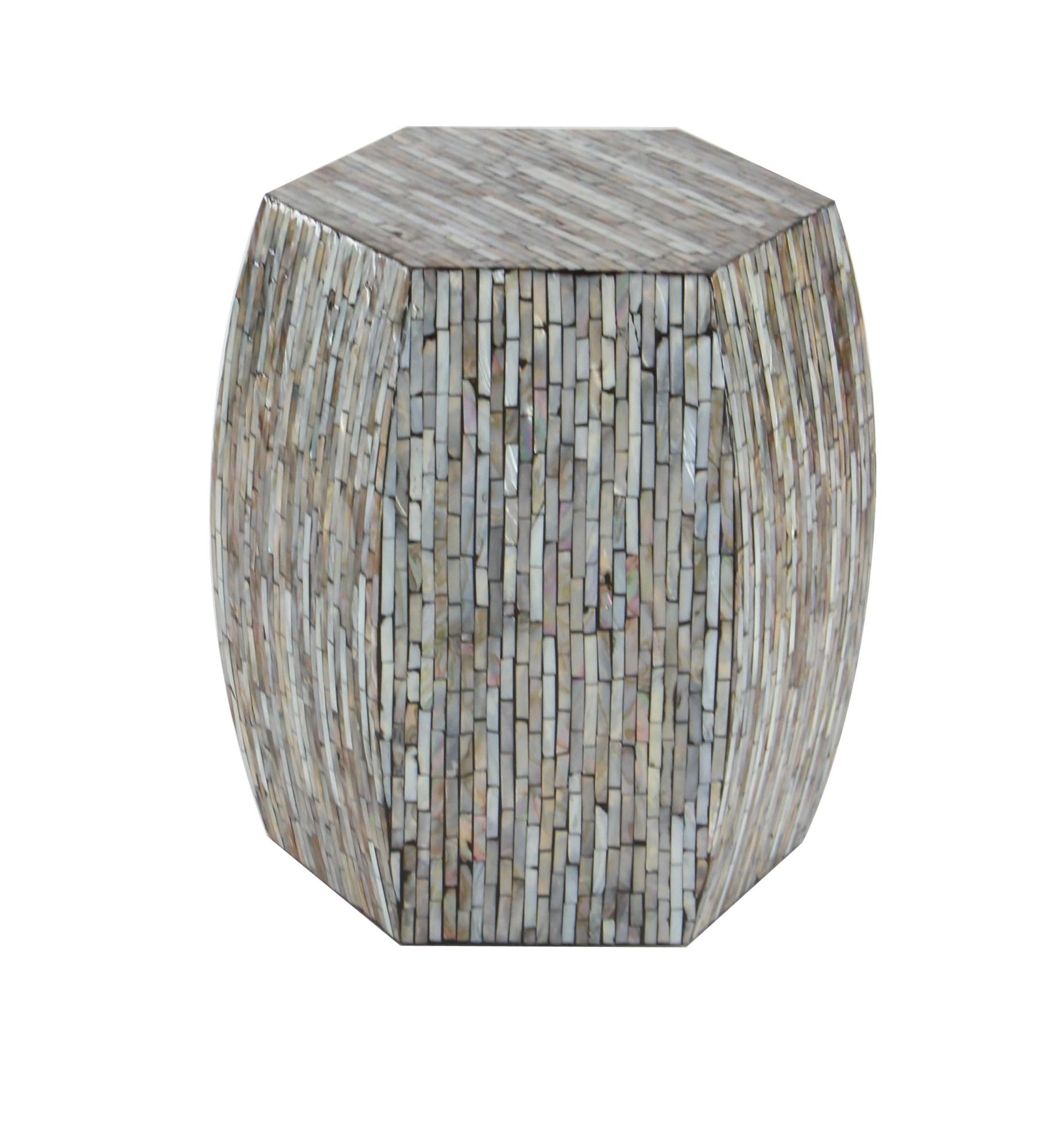 Geometric Gray Mother of Pearl Shell Handmade Shell Mosaic Hexagon Side End Accent Table with Brown Accents
