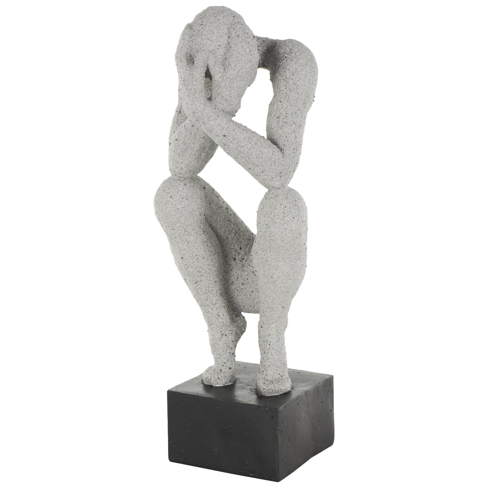 People Gray Polystone Crouching Decorative Sculpture with Black Square Base