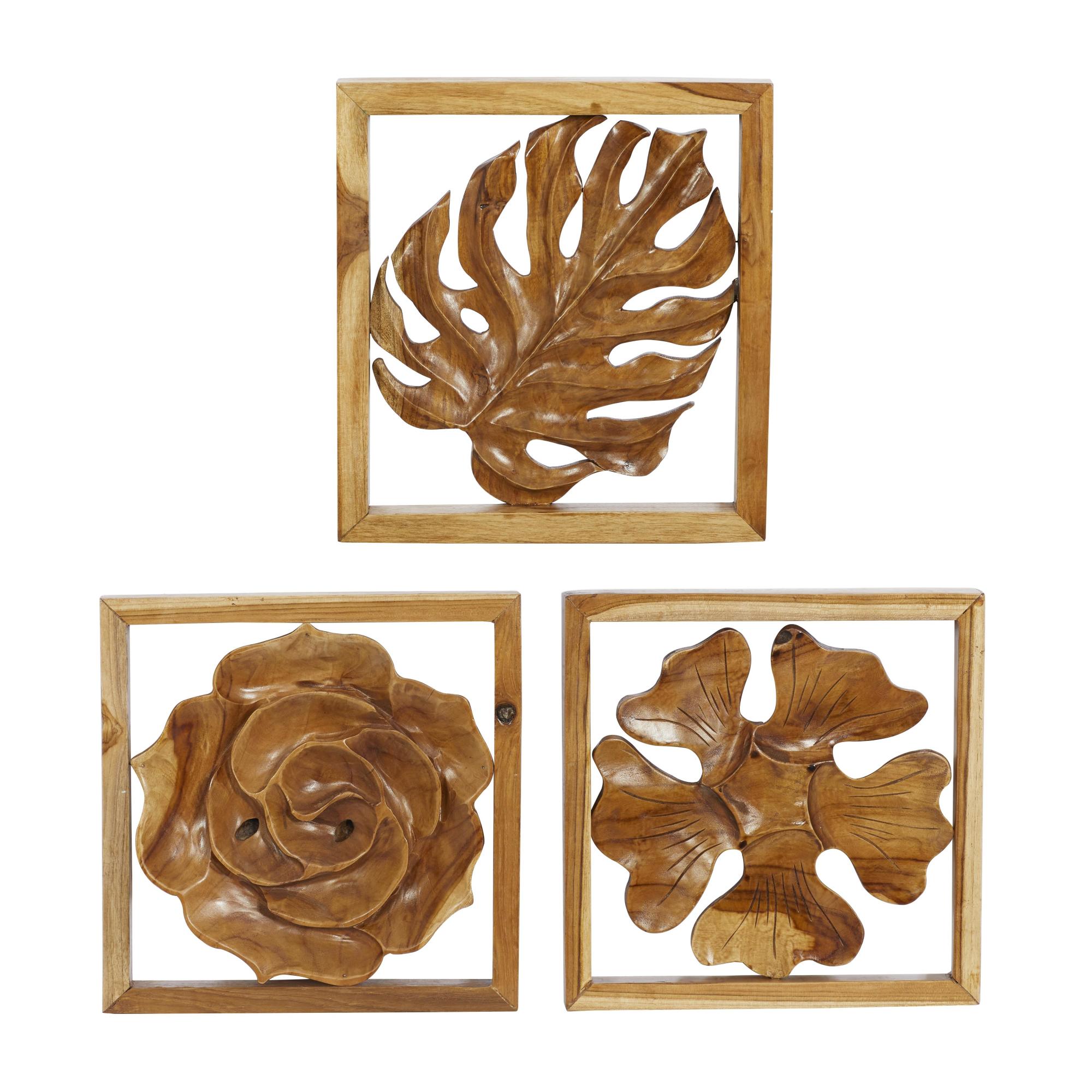 Set of 3 Floral Brown Teak Wood Handmade Framed Carved Leaf and Home Wall Decor