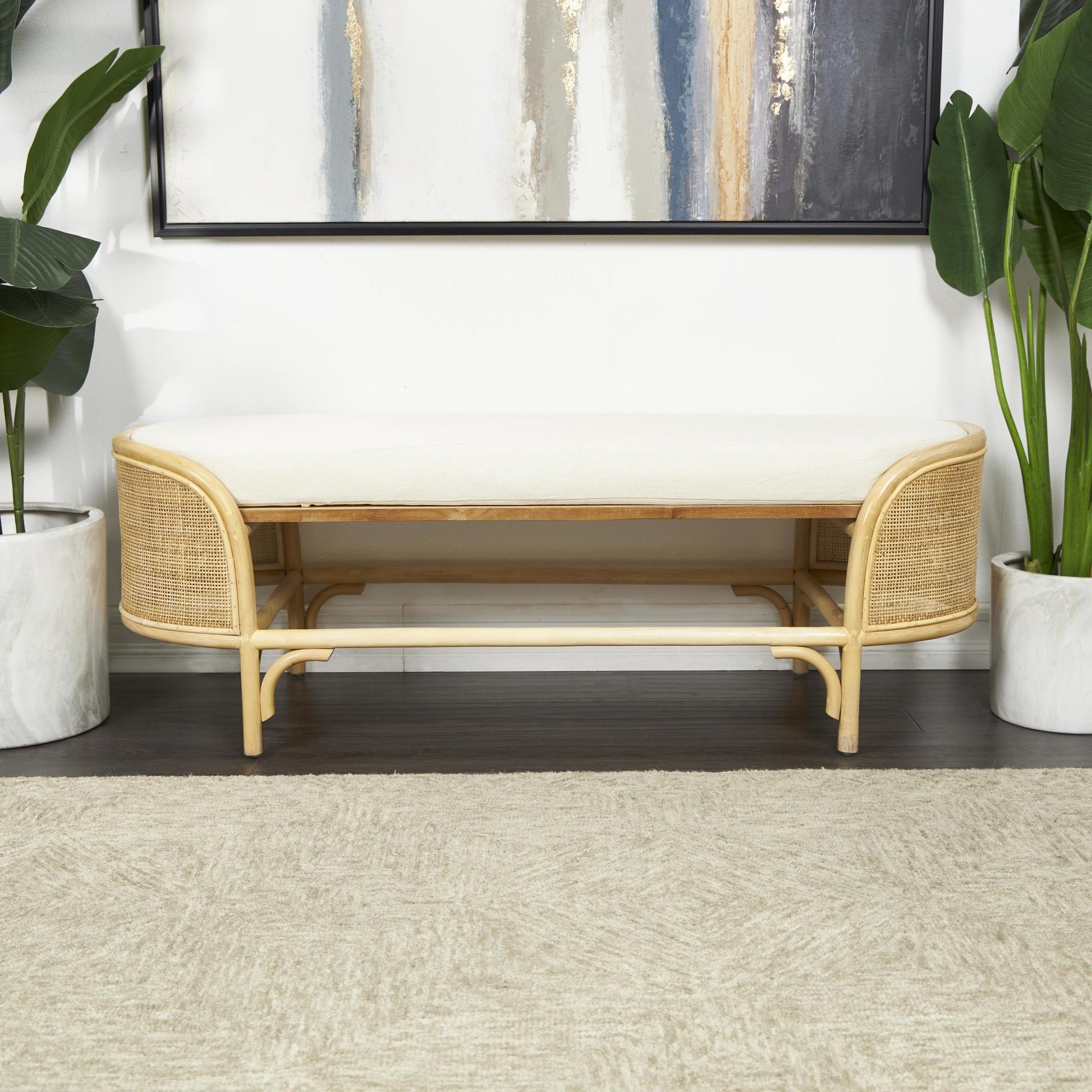 Brown Rattan Handmade Oval Home Bench with White Fabric Cushion