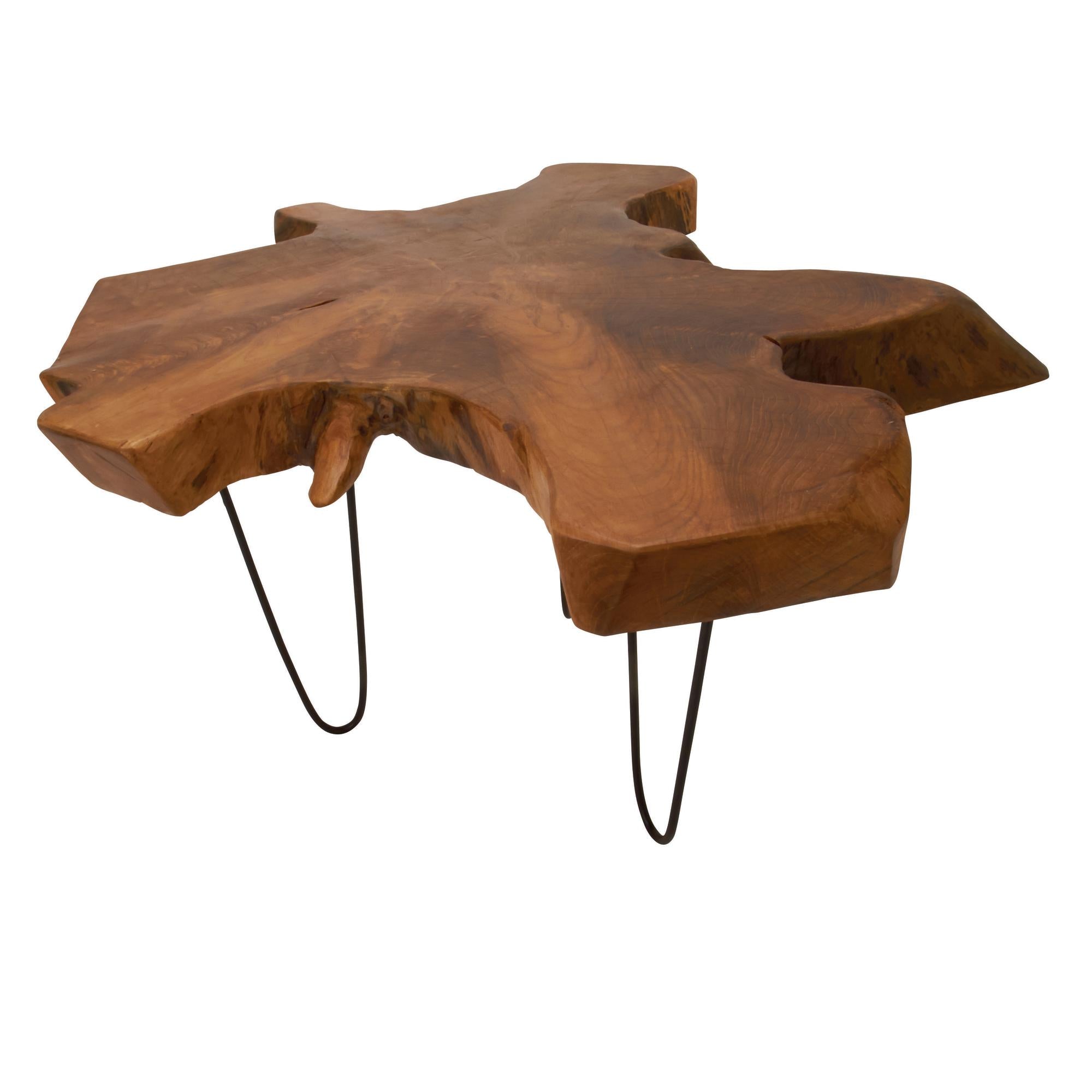Brown Teak Wood Handmade Live Edge Living Room Coffee Table with Black Metal Hairpin Legs