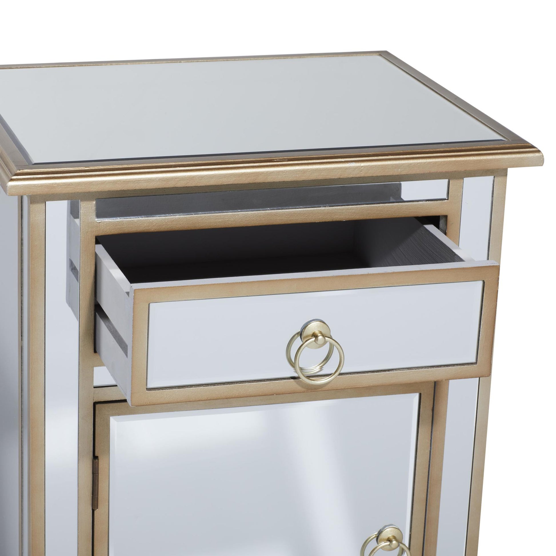 Beige Glass Mirrored 1 Door and 1 Drawer Room Cabinet