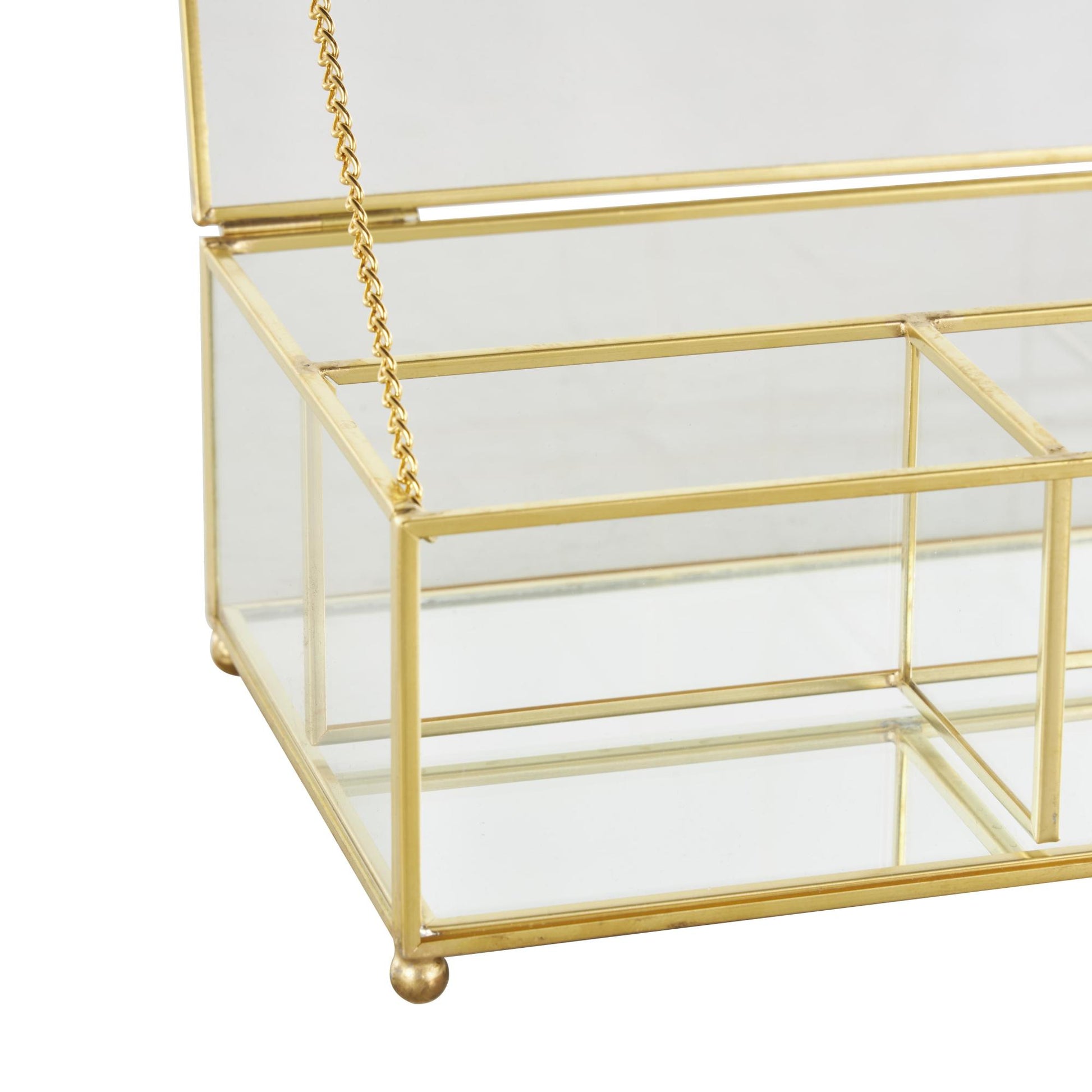 Clear Glass 3 Slot Decorative Jewelry Box with Gold Metal Frame and Chain Accent