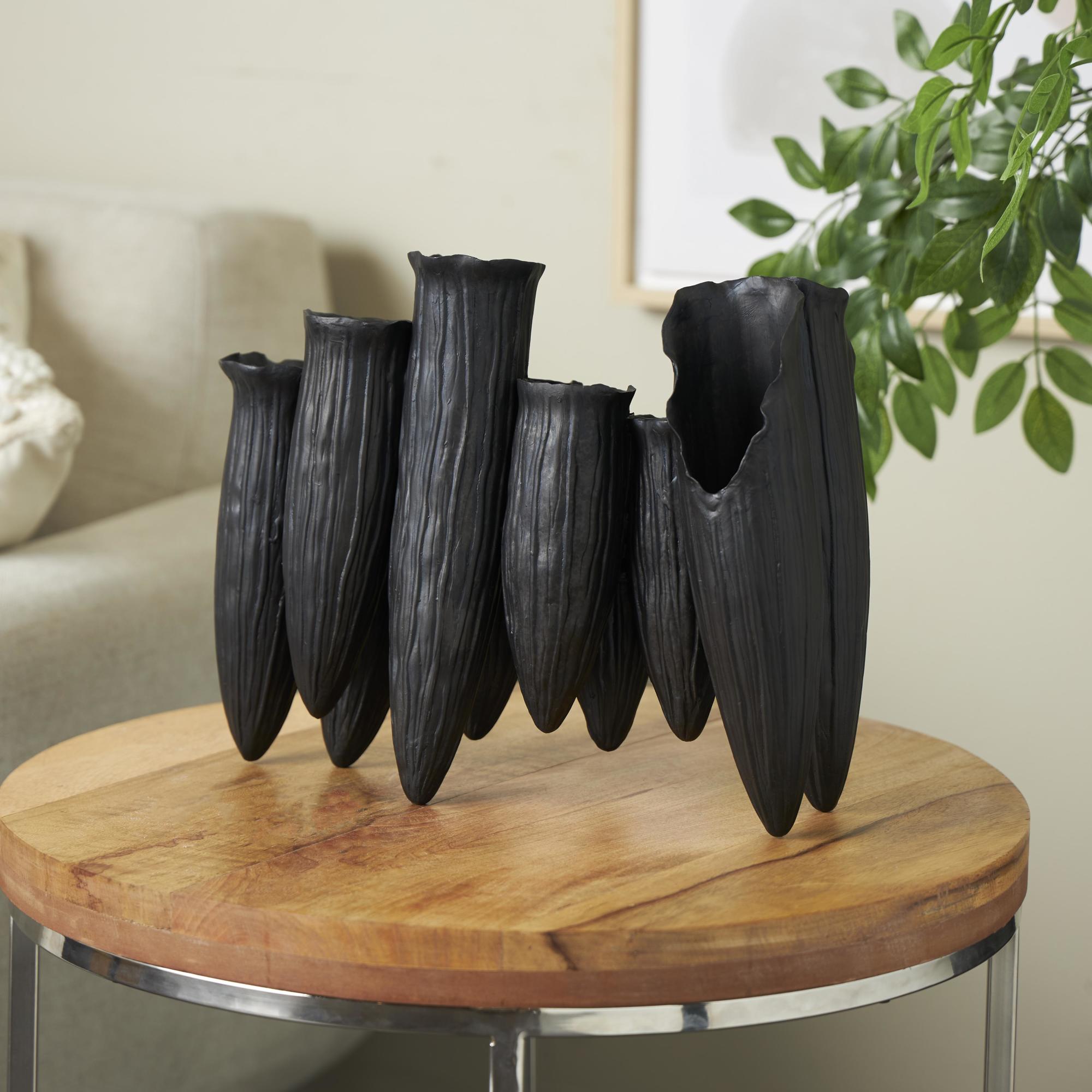 Abstract Ceramic Floral Inspired Decorative Vase with Linear Grooves and 10 Openings