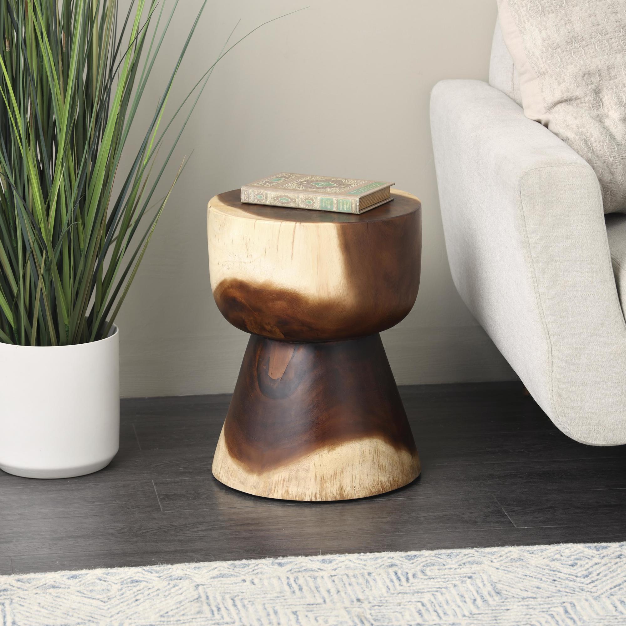 Brown Wood Handmade Hourglass Side End Accent Table with Natural Wood Grain