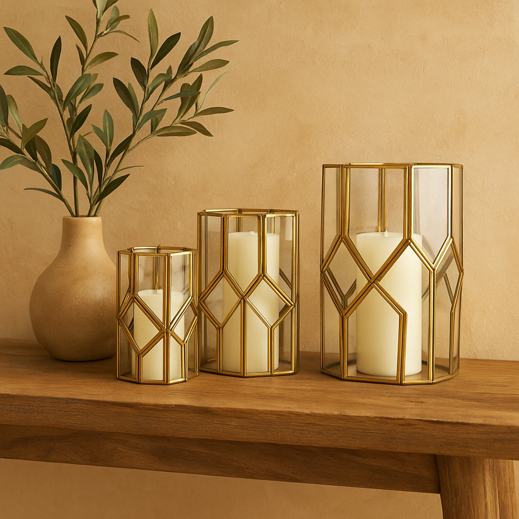 CosmoLiving by Cosmopolitan Set of 3 Geometric Gold Metal Diamond Patterned Hexagon Indoor Outdoor Candle Lantern with Clear Glass