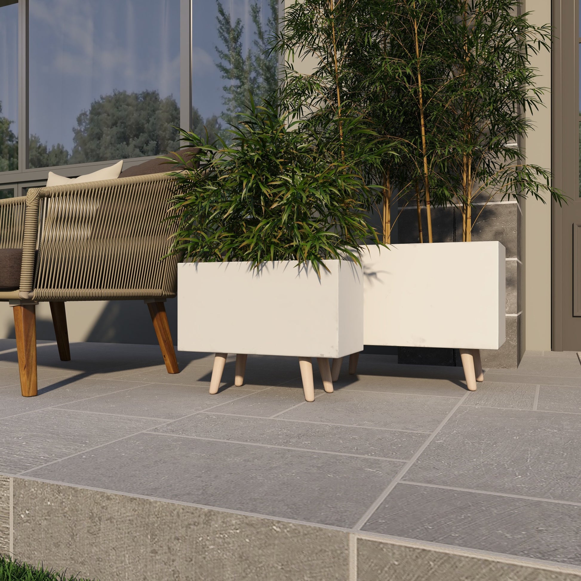 Set of 2 White Fiberclay Ceramic Rectangular Indoor Outdoor Planter with Brown Wooden Legs