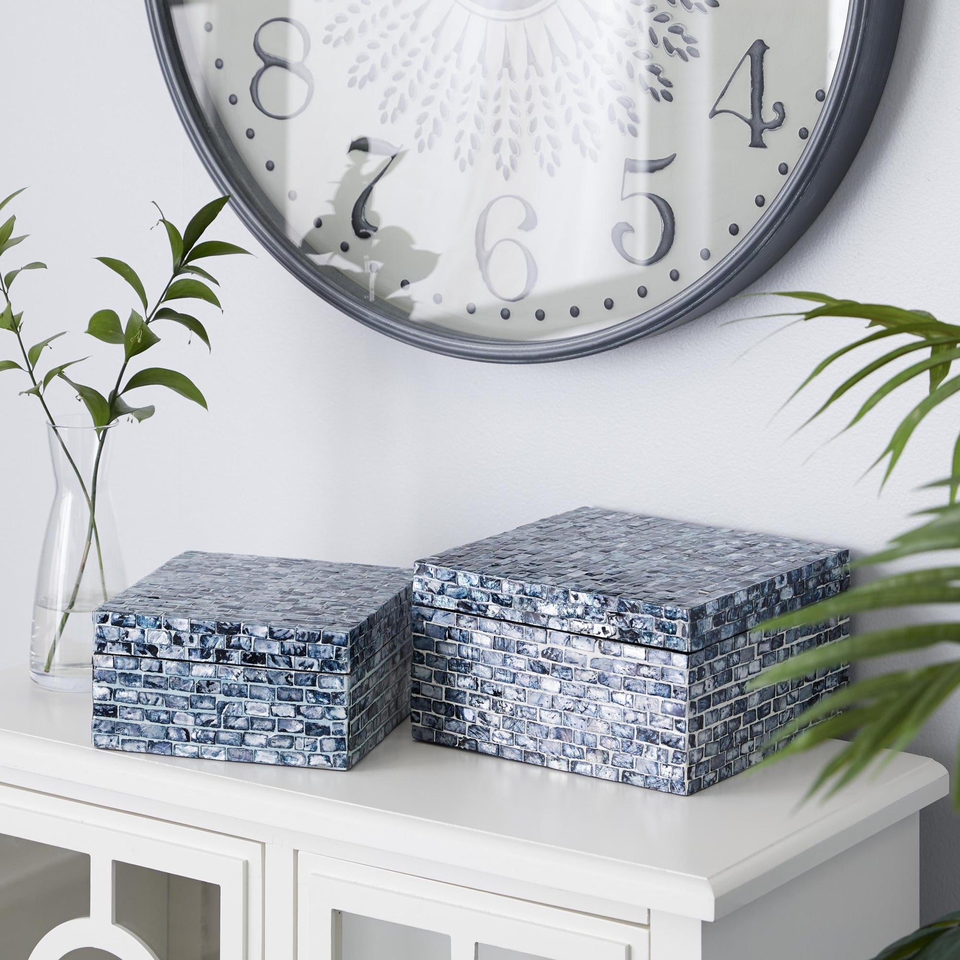 Set of 2 Blue Mother of Pearl Shell Handmade Decorative Box with Hinged Lid