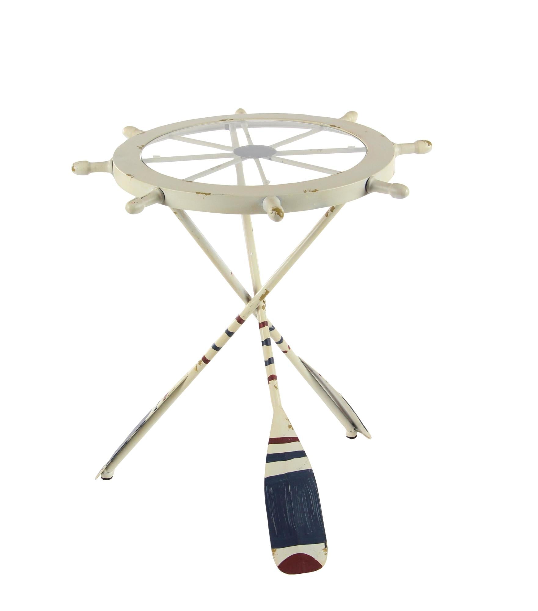 Ship Wheel White Metal Top Side End Accent Table with Oar Shaped Legs