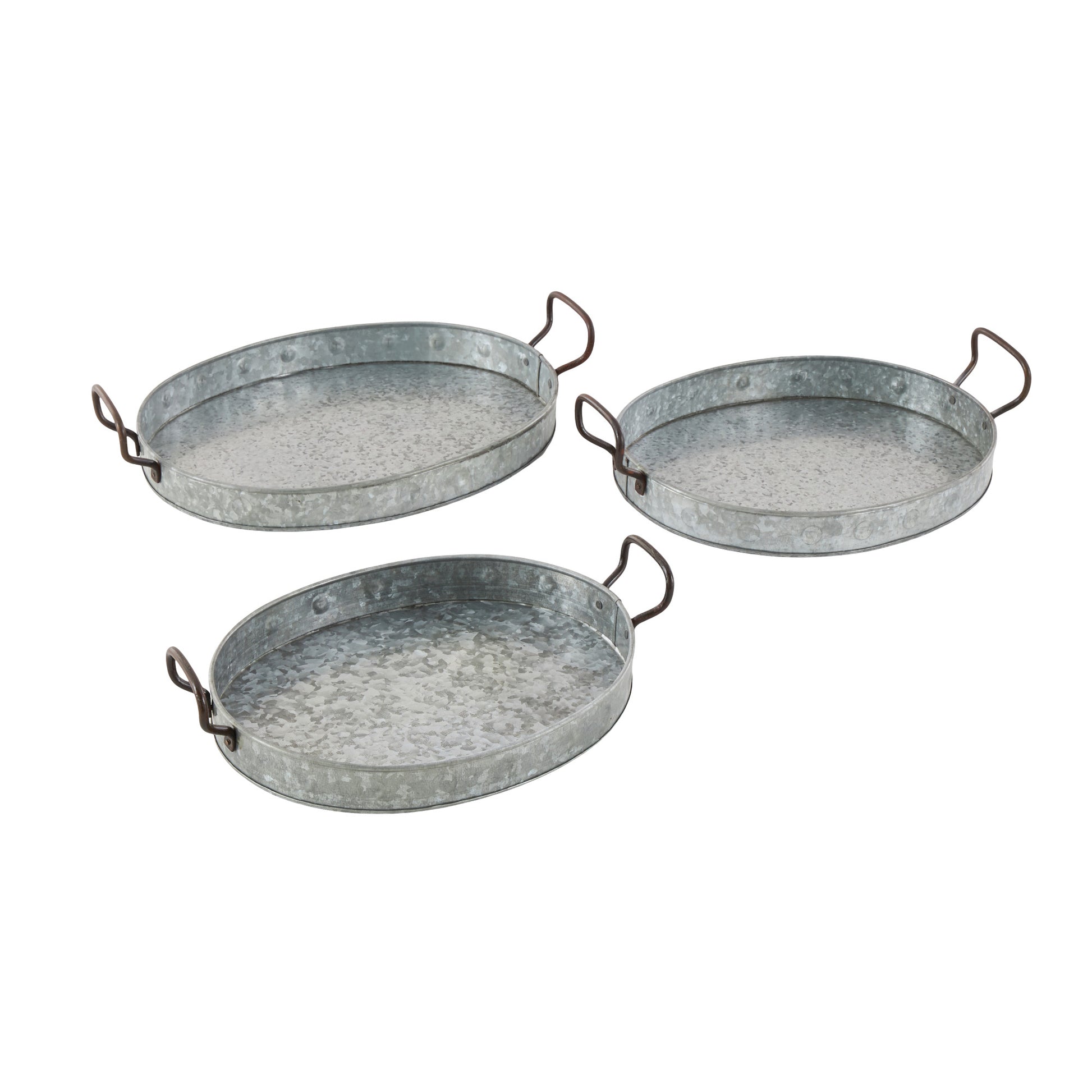Set of 3 Gray Metal Galvanized Oval Living Room Decor Tray with Rust Handles